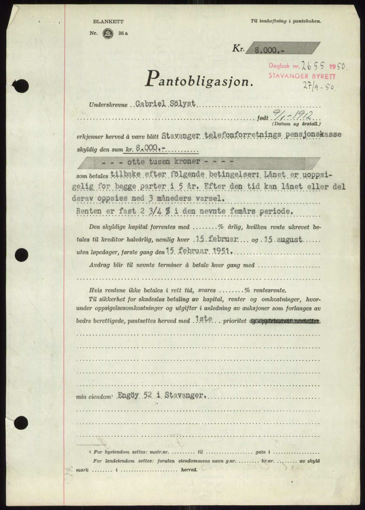 Stavanger byrett, SAST/A-100455/002/G/Gb/L0032: Mortgage book, 1947-1950, Diary no: : 2655/1950