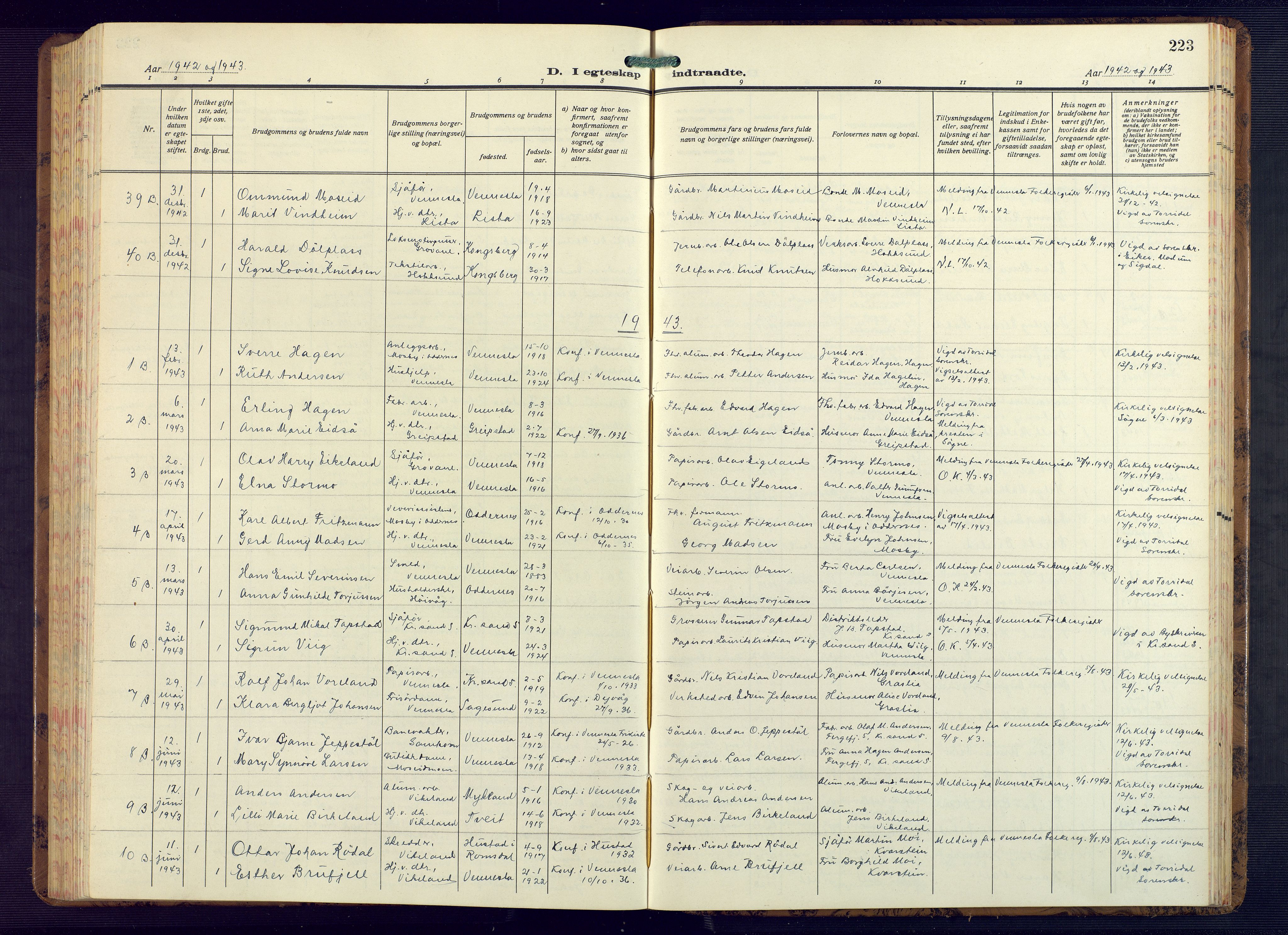 Vennesla sokneprestkontor, SAK/1111-0045/Fb/Fbb/L0008: Parish register (copy) no. B 8, 1934-1947, p. 223