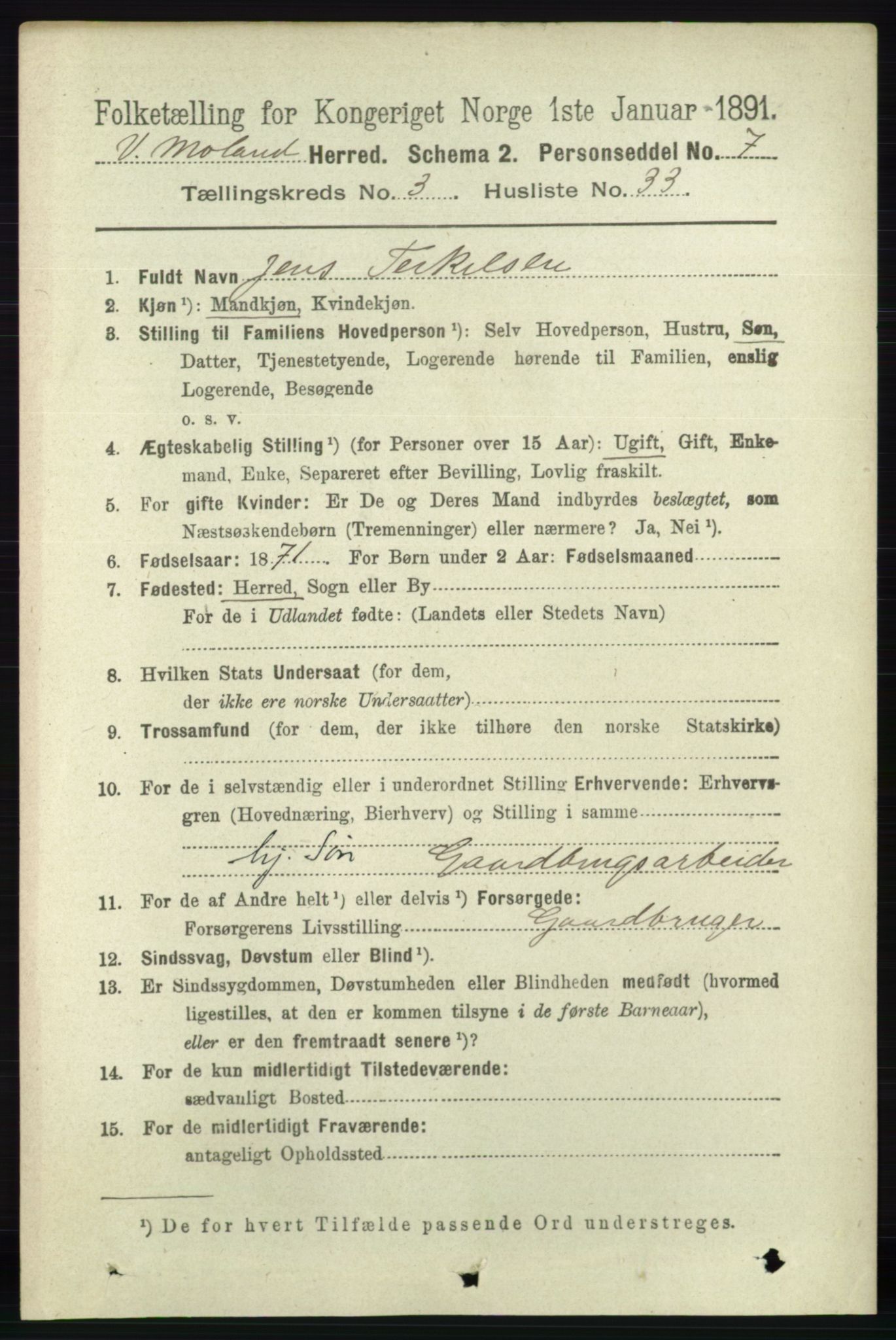 RA, 1891 census for 0926 Vestre Moland, 1891, p. 1139