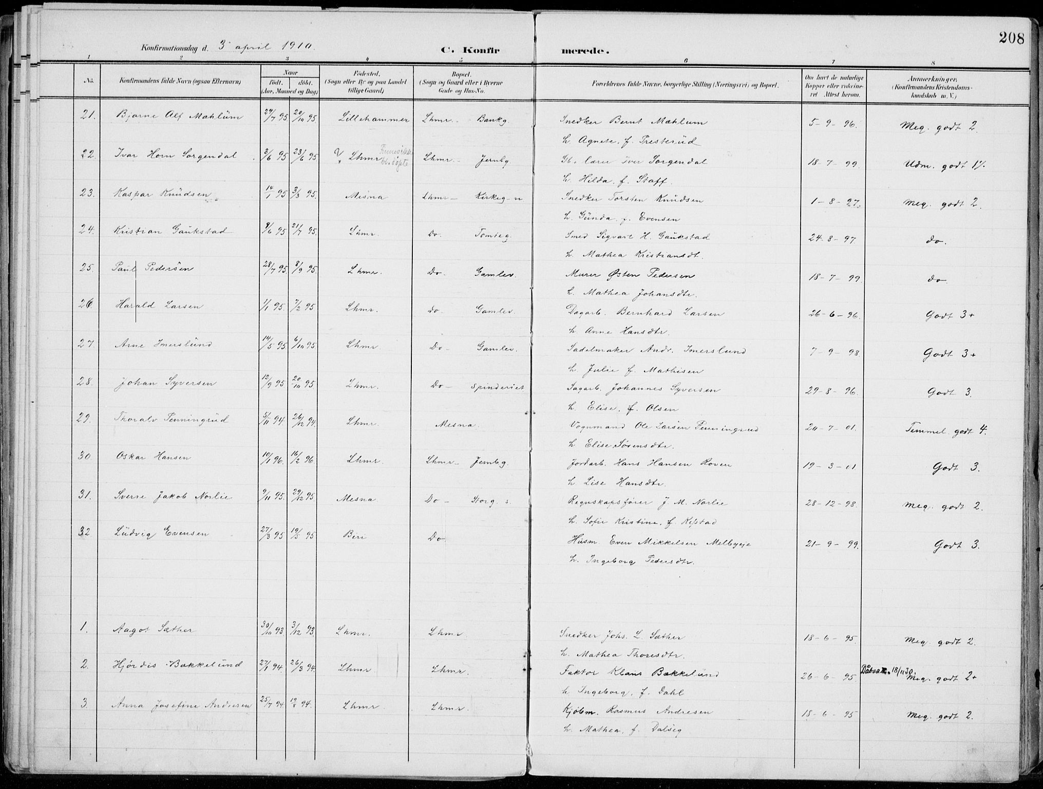 Lillehammer prestekontor, AV/SAH-PREST-088/H/Ha/Haa/L0001: Parish register (official) no. 1, 1901-1916, p. 208