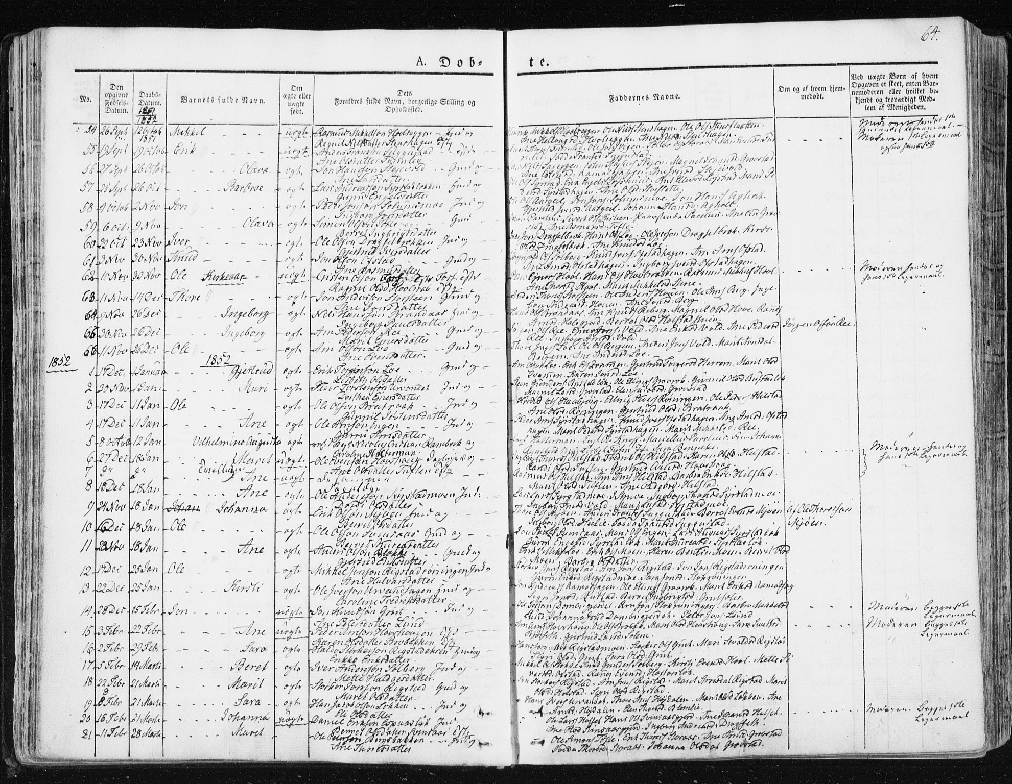 Ministerialprotokoller, klokkerbøker og fødselsregistre - Sør-Trøndelag, SAT/A-1456/672/L0855: Parish register (official) no. 672A07, 1829-1860, p. 64