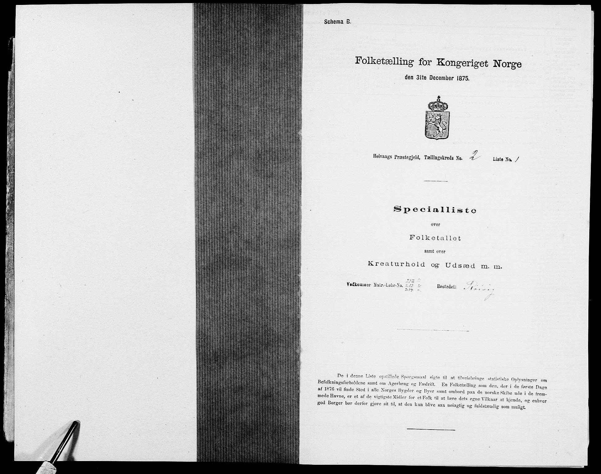 SAK, 1875 census for 0927P Høvåg, 1875, p. 169