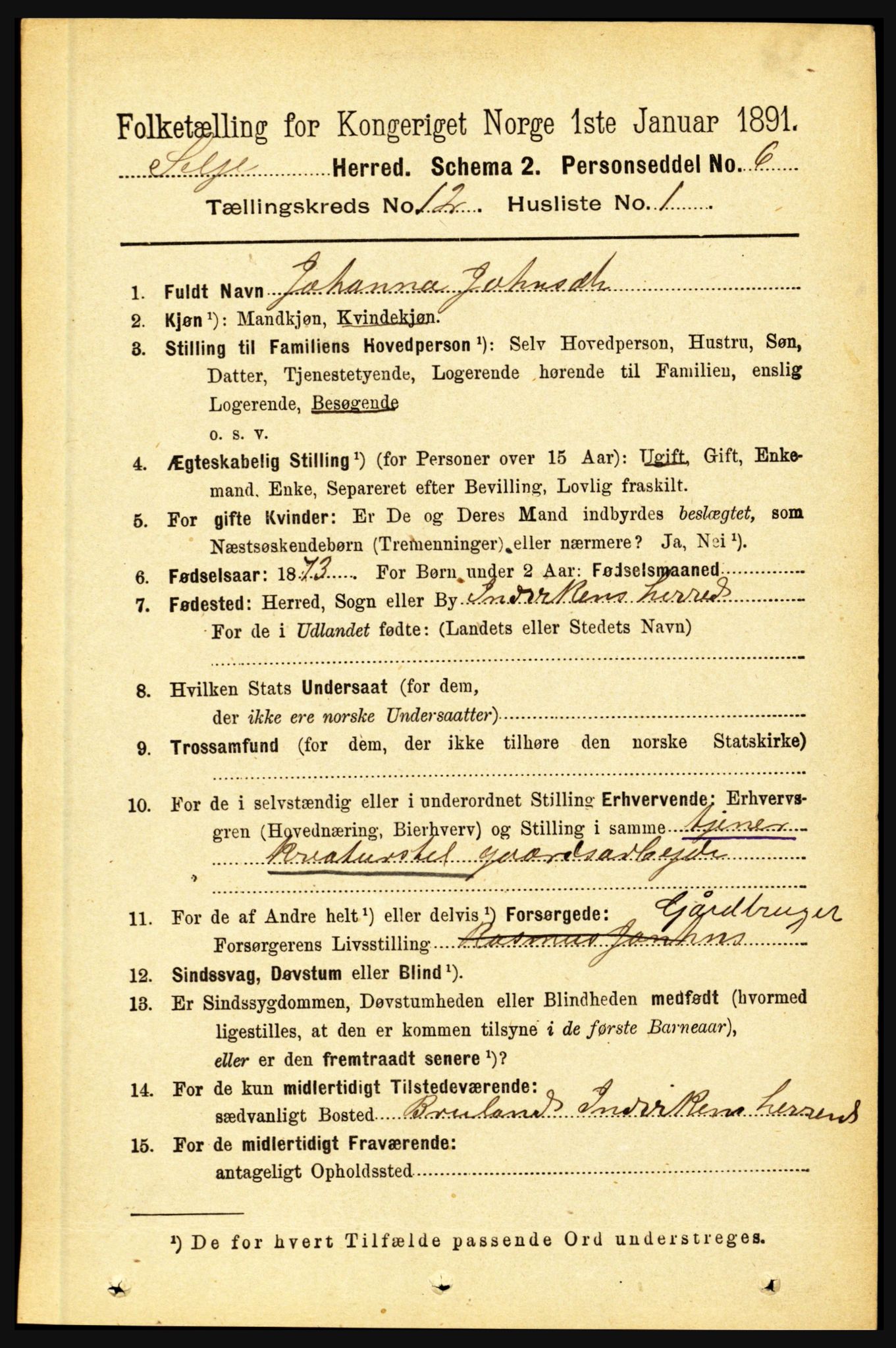 RA, 1891 census for 1441 Selje, 1891, p. 3696