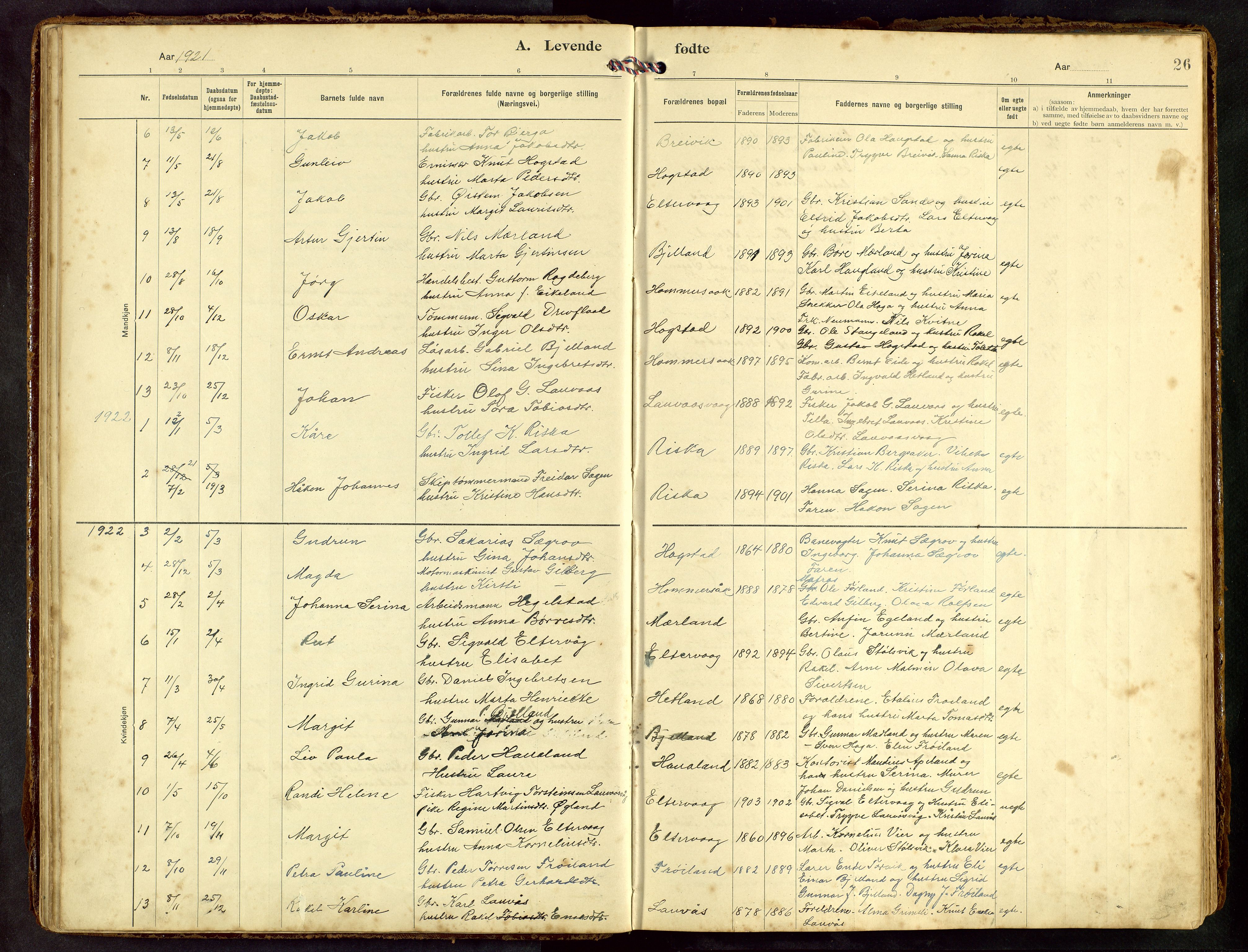 Hetland sokneprestkontor, SAST/A-101826/30/30BB/L0010: Parish register (copy) no. B 10, 1910-1968, p. 26