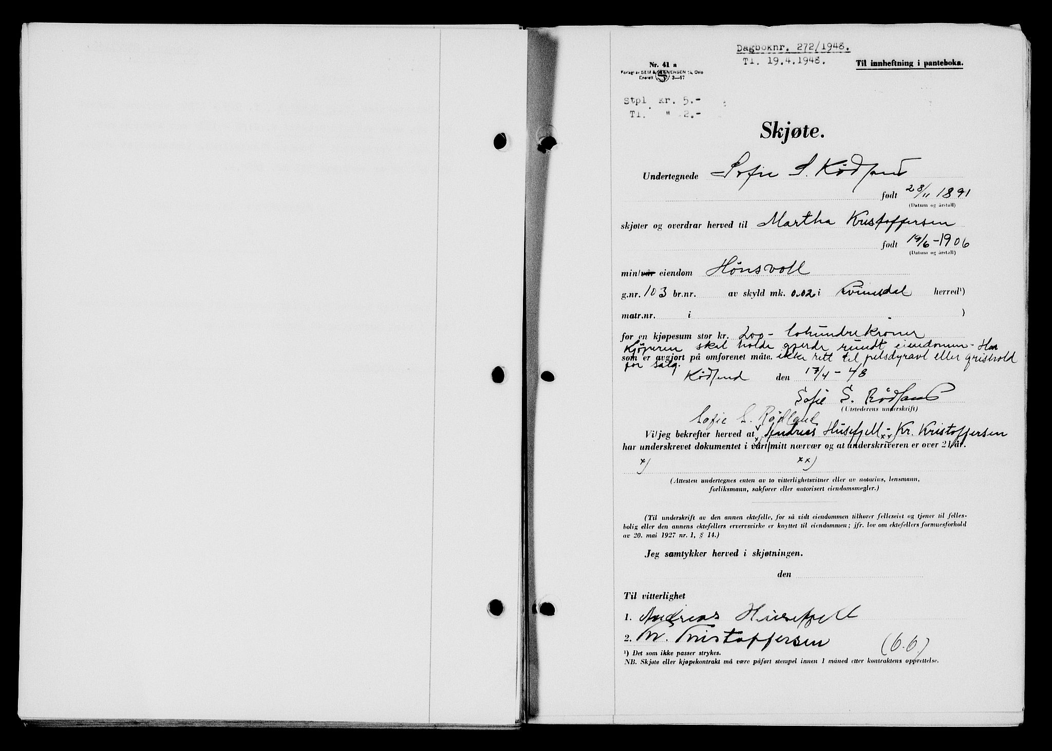 Flekkefjord sorenskriveri, AV/SAK-1221-0001/G/Gb/Gba/L0063: Mortgage book no. A-11, 1947-1948, Diary no: : 272/1948