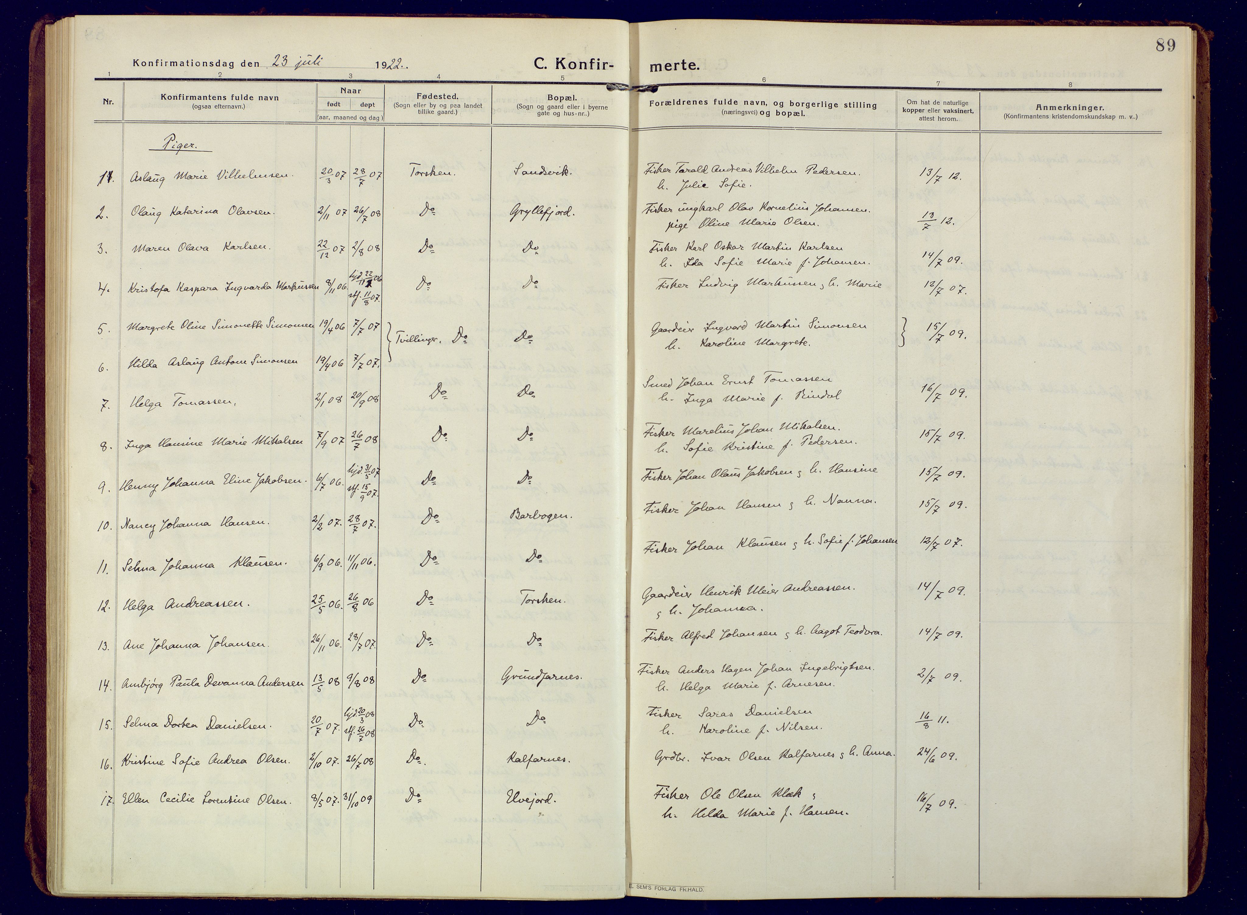 Berg sokneprestkontor, AV/SATØ-S-1318/G/Ga/Gaa/L0010kirke: Parish register (official) no. 10, 1916-1928, p. 89