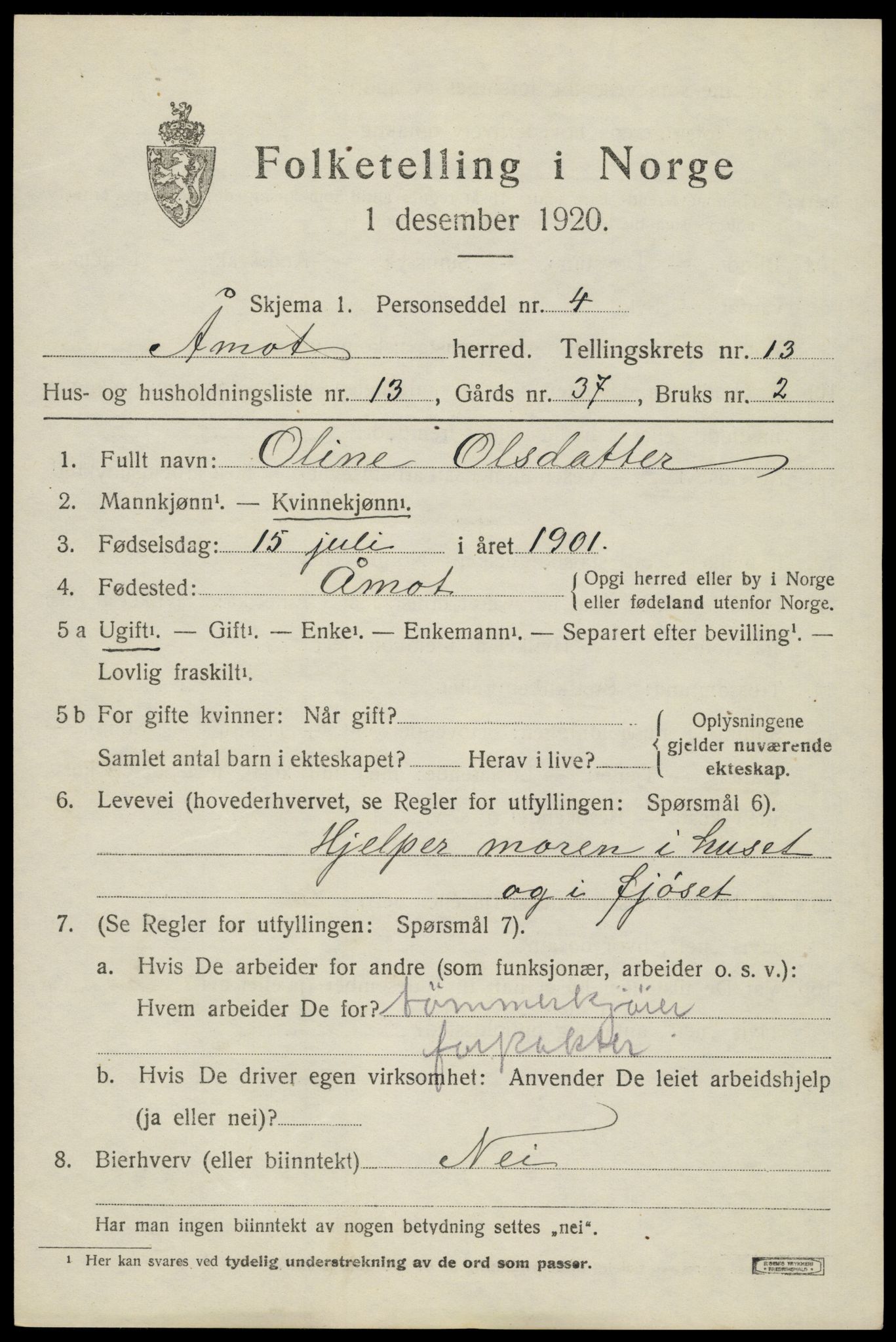 SAH, 1920 census for Åmot, 1920, p. 10889