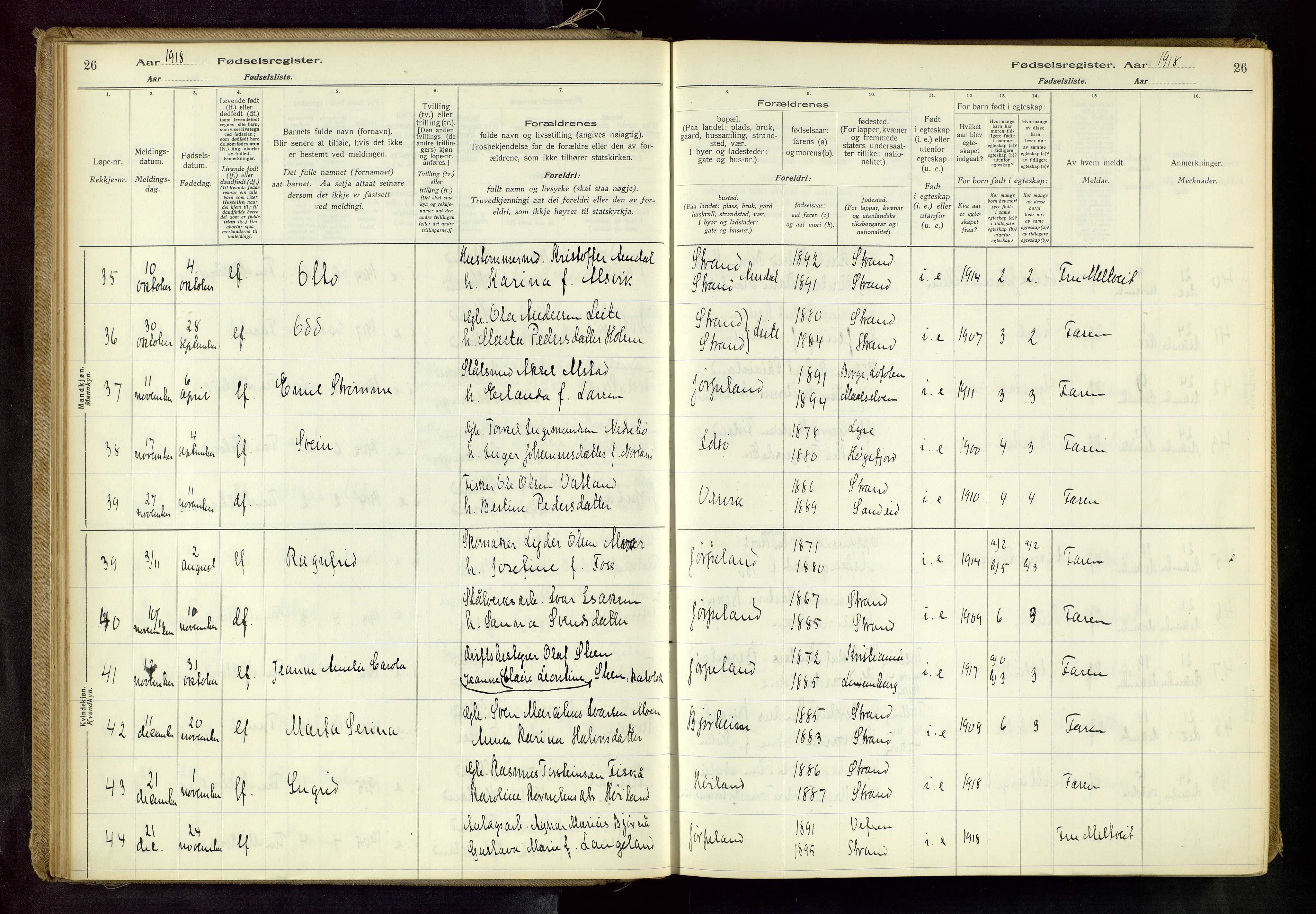 Strand sokneprestkontor, AV/SAST-A-101828/I/Id/L0001: Birth register no. 1, 1916-1938, p. 26