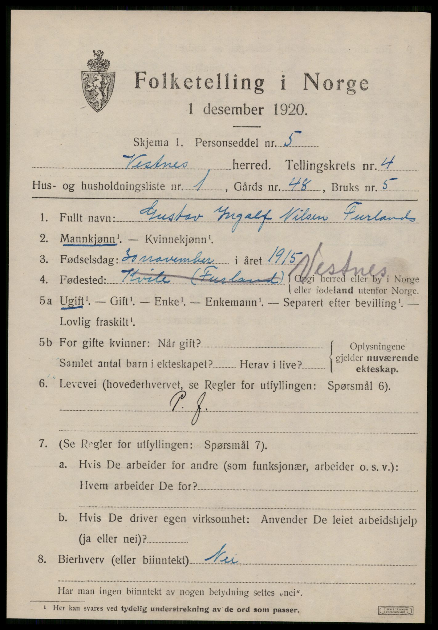 SAT, 1920 census for Vestnes, 1920, p. 3409