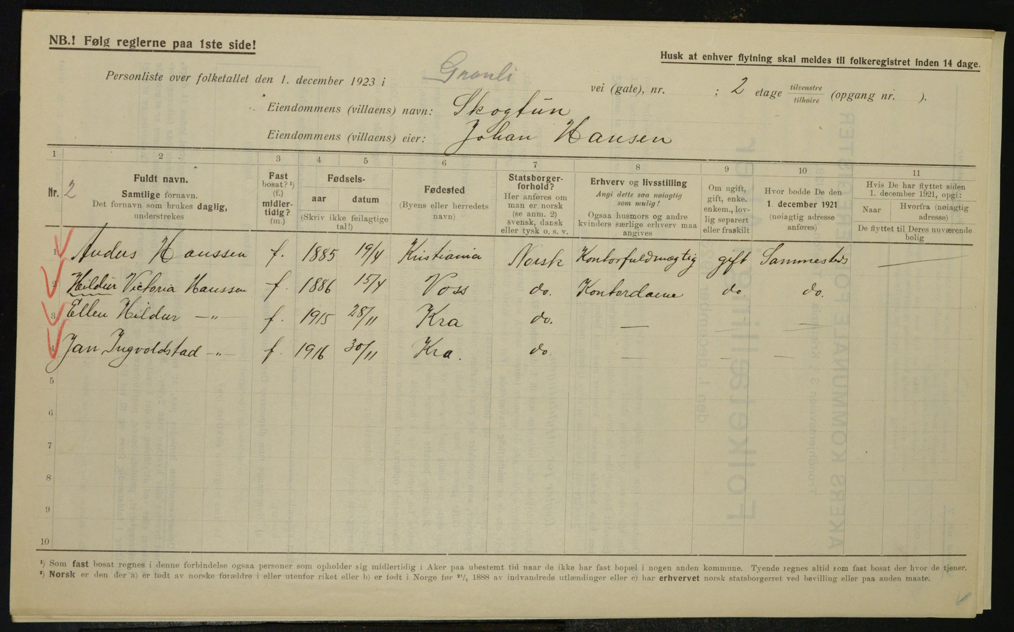 , Municipal Census 1923 for Aker, 1923, p. 27741