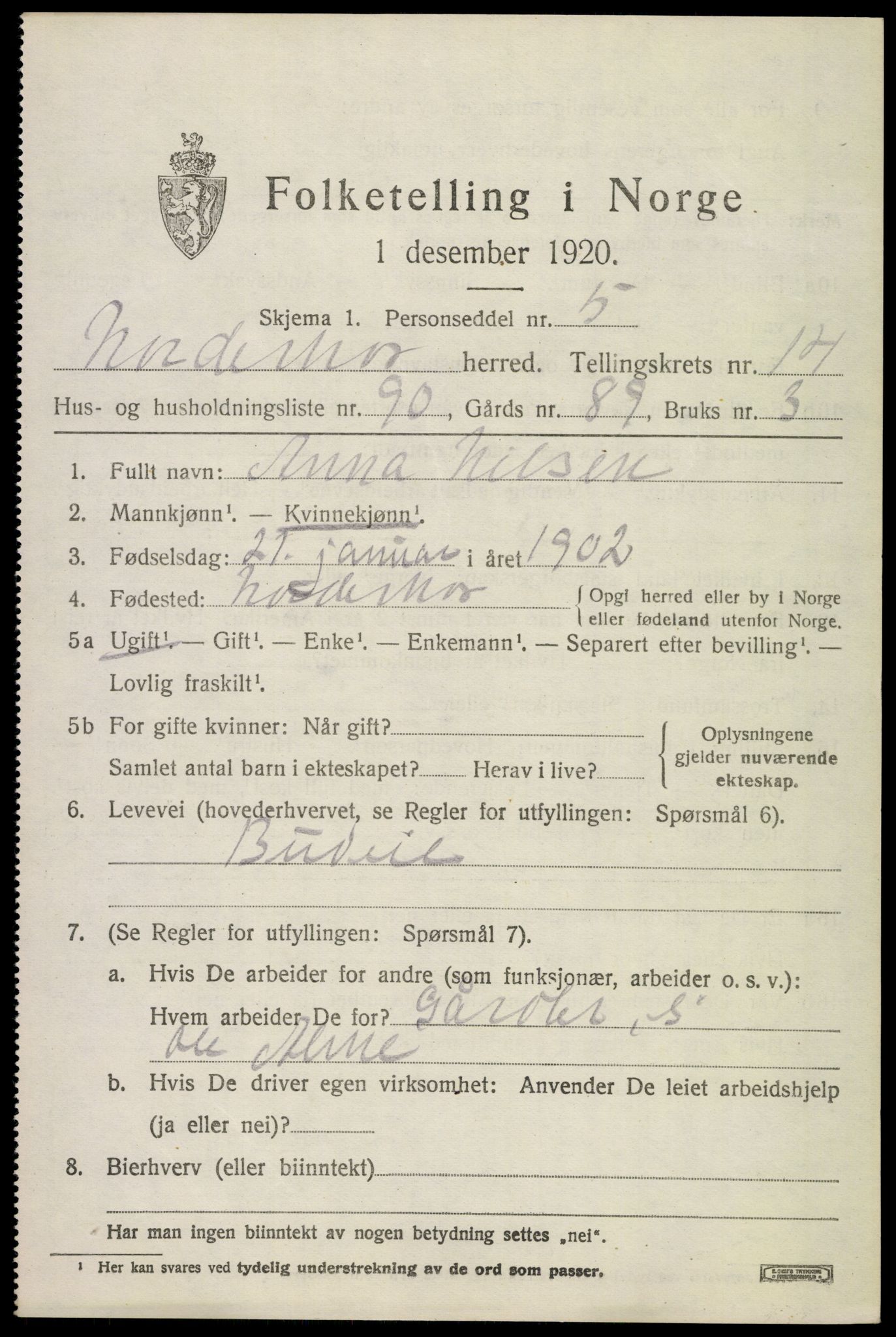 SAKO, 1920 census for Norderhov, 1920, p. 16170