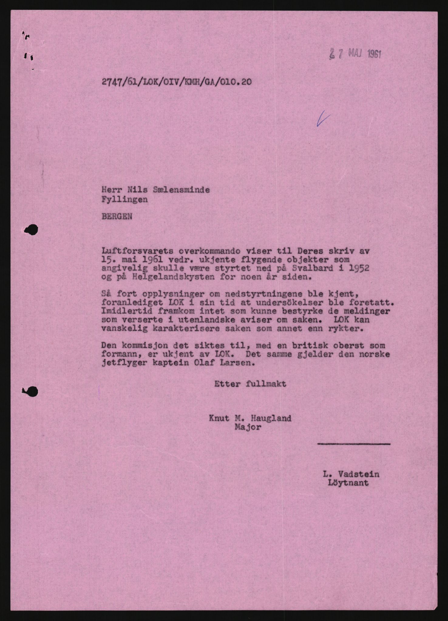 Forsvaret, Luftforsvarets overkommando/Luftforsvarsstaben, AV/RA-RAFA-2246/1/D/Da/L0124/0001: -- / UFO OVER NORSK TERRITORIUM, 1954-1970, p. 275