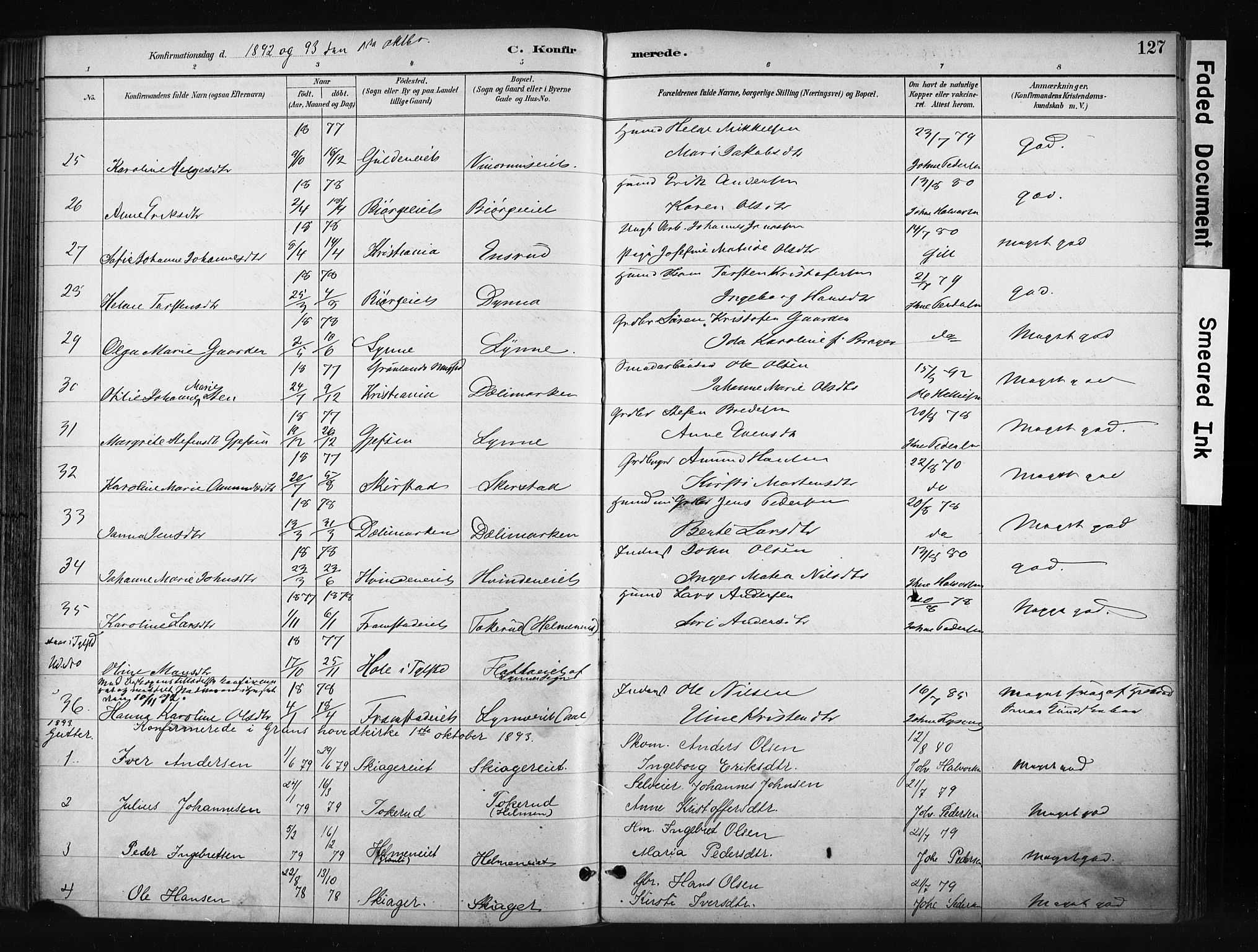 Gran prestekontor, AV/SAH-PREST-112/H/Ha/Haa/L0017: Parish register (official) no. 17, 1889-1897, p. 127