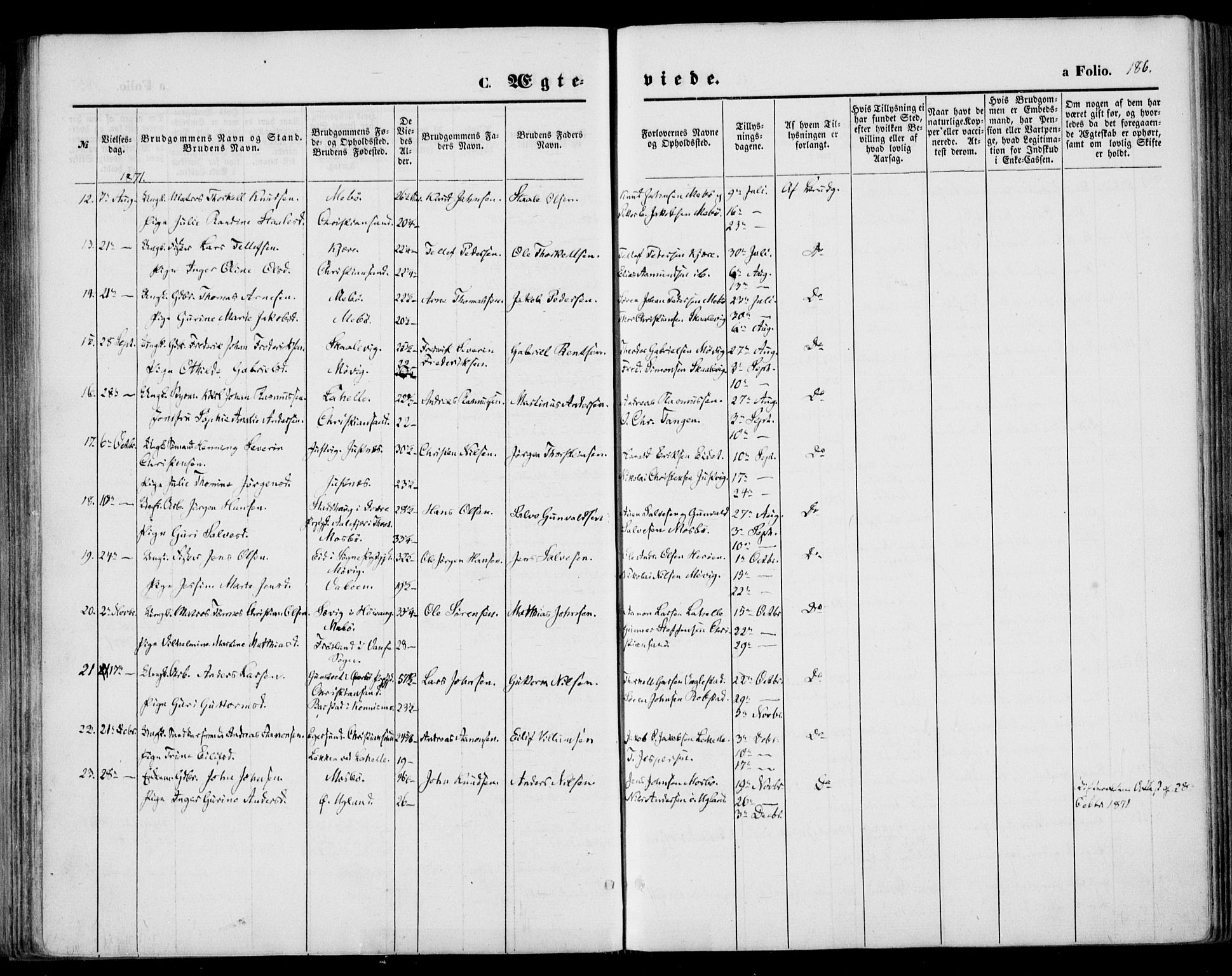 Oddernes sokneprestkontor, SAK/1111-0033/F/Fa/Faa/L0008: Parish register (official) no. A 8, 1864-1880, p. 186