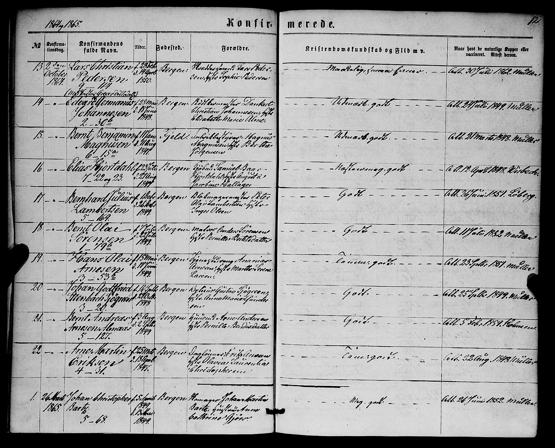 Nykirken Sokneprestembete, SAB/A-77101/H/Haa/L0024: Parish register (official) no. C 3, 1864-1870, p. 12