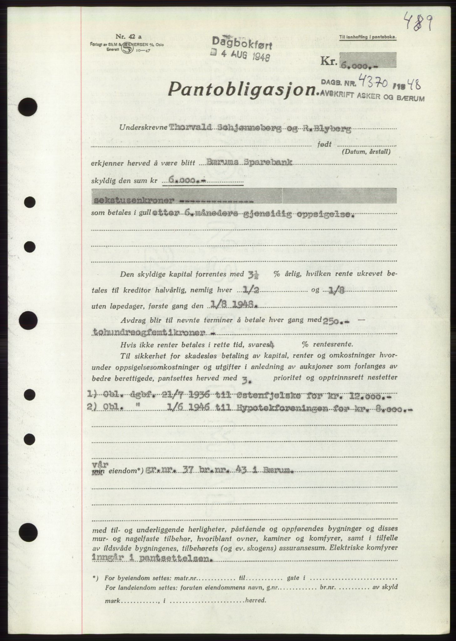 Asker og Bærum sorenskriveri, AV/SAO-A-10379a/G/Gb/Gbb/L0002: Mortgage book no. B87, 1948-1948, Diary no: : 4370/1948