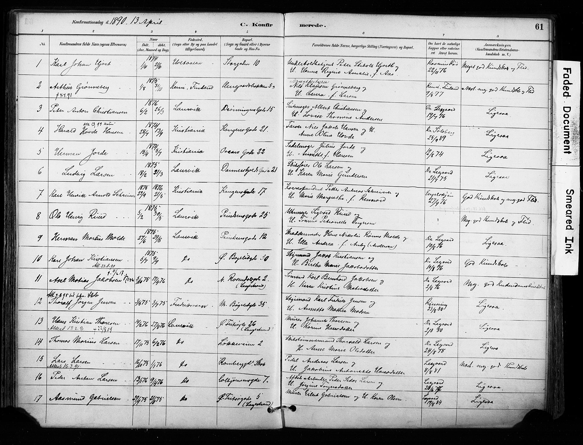 Larvik kirkebøker, AV/SAKO-A-352/F/Fa/L0008: Parish register (official) no. I 8, 1884-1902, p. 61
