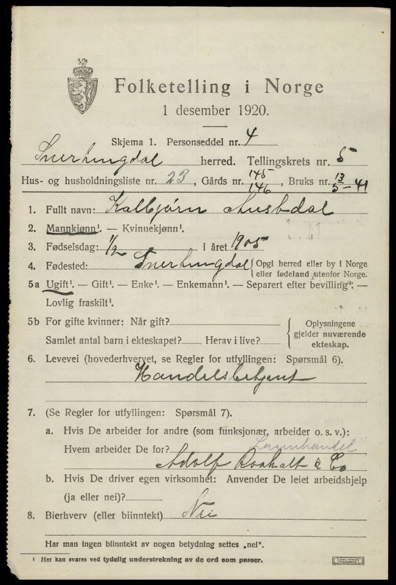 SAH, 1920 census for Snertingdal, 1920, p. 4581