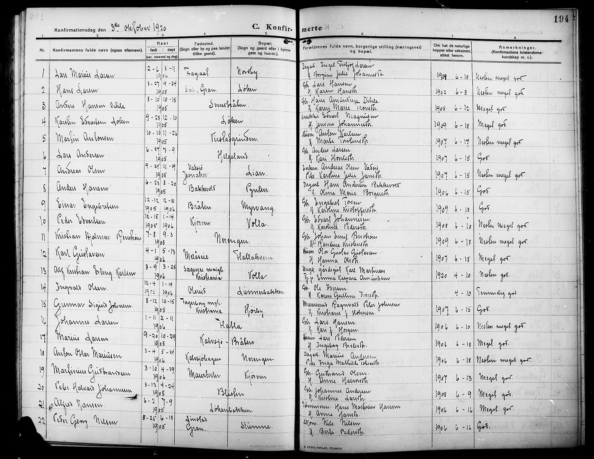 Lunner prestekontor, SAH/PREST-118/H/Ha/Hab/L0001: Parish register (copy) no. 1, 1909-1922, p. 194
