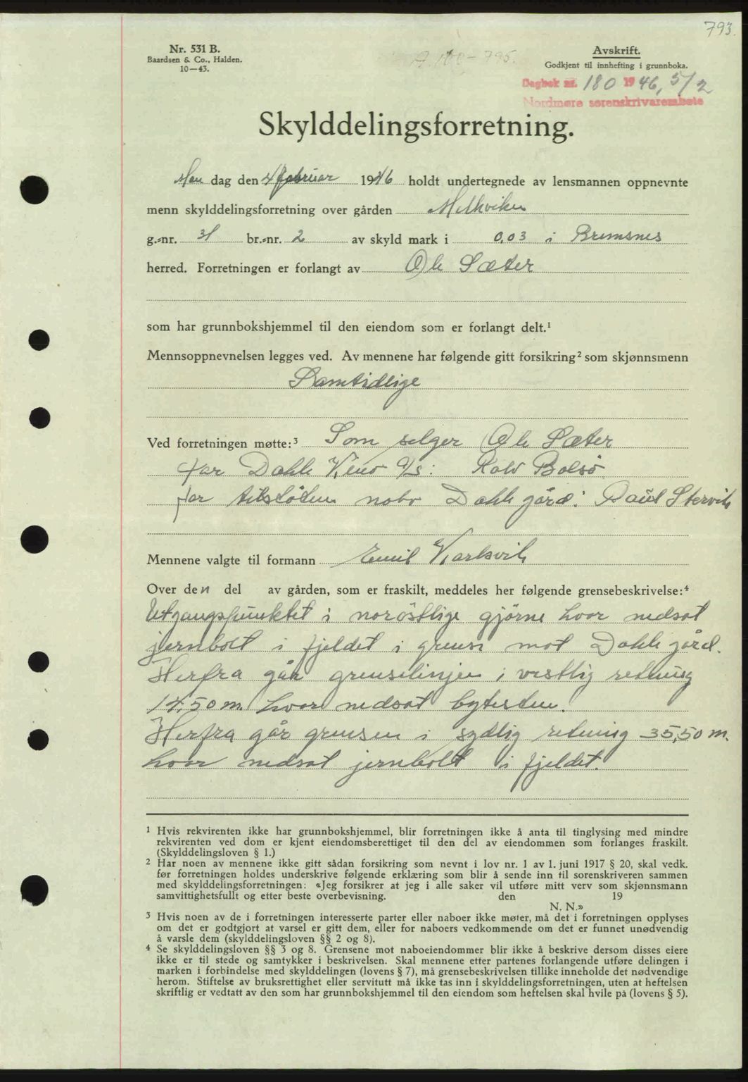 Nordmøre sorenskriveri, AV/SAT-A-4132/1/2/2Ca: Mortgage book no. A100b, 1946-1946, Diary no: : 180/1946