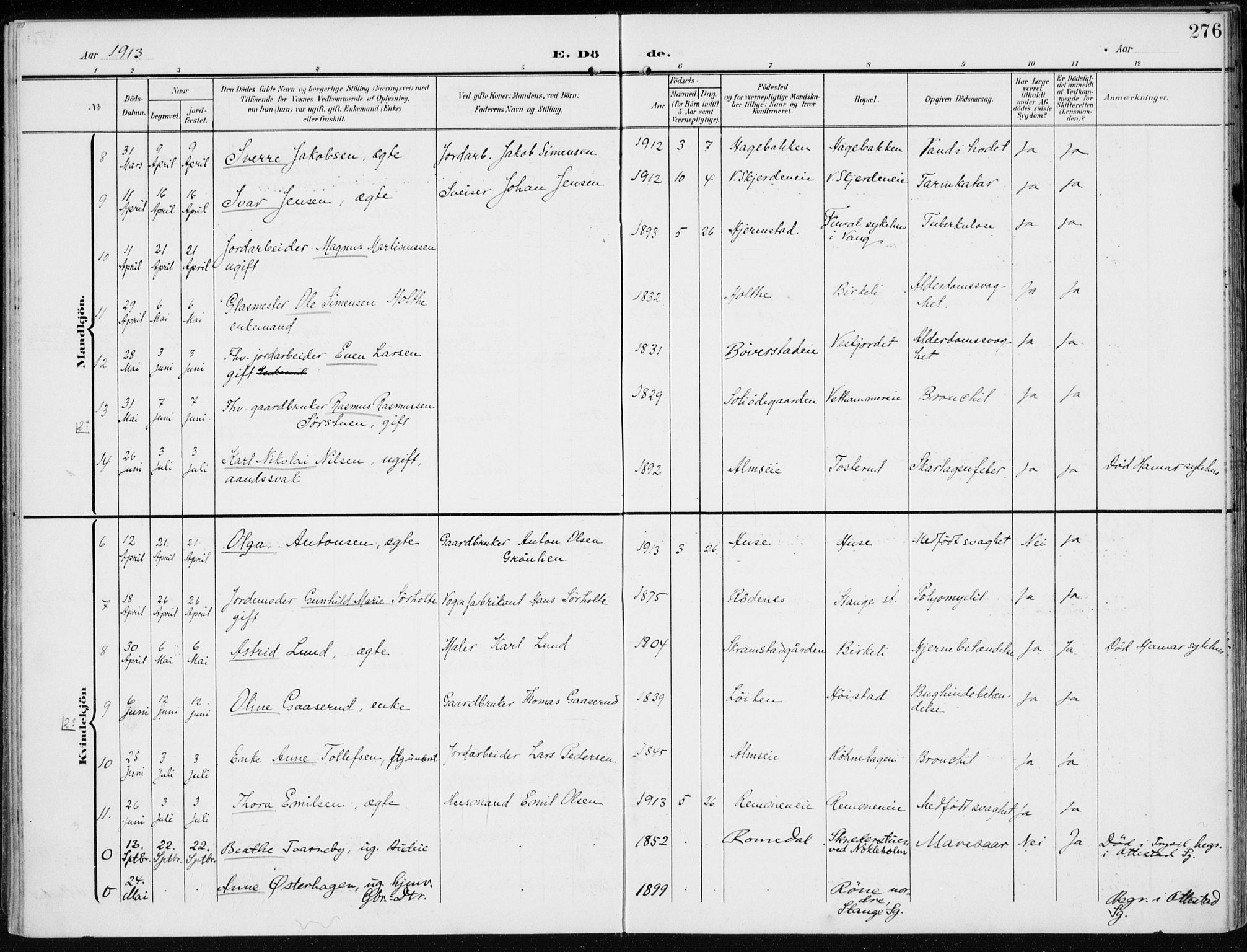 Stange prestekontor, AV/SAH-PREST-002/K/L0024: Parish register (official) no. 24, 1906-1922, p. 276