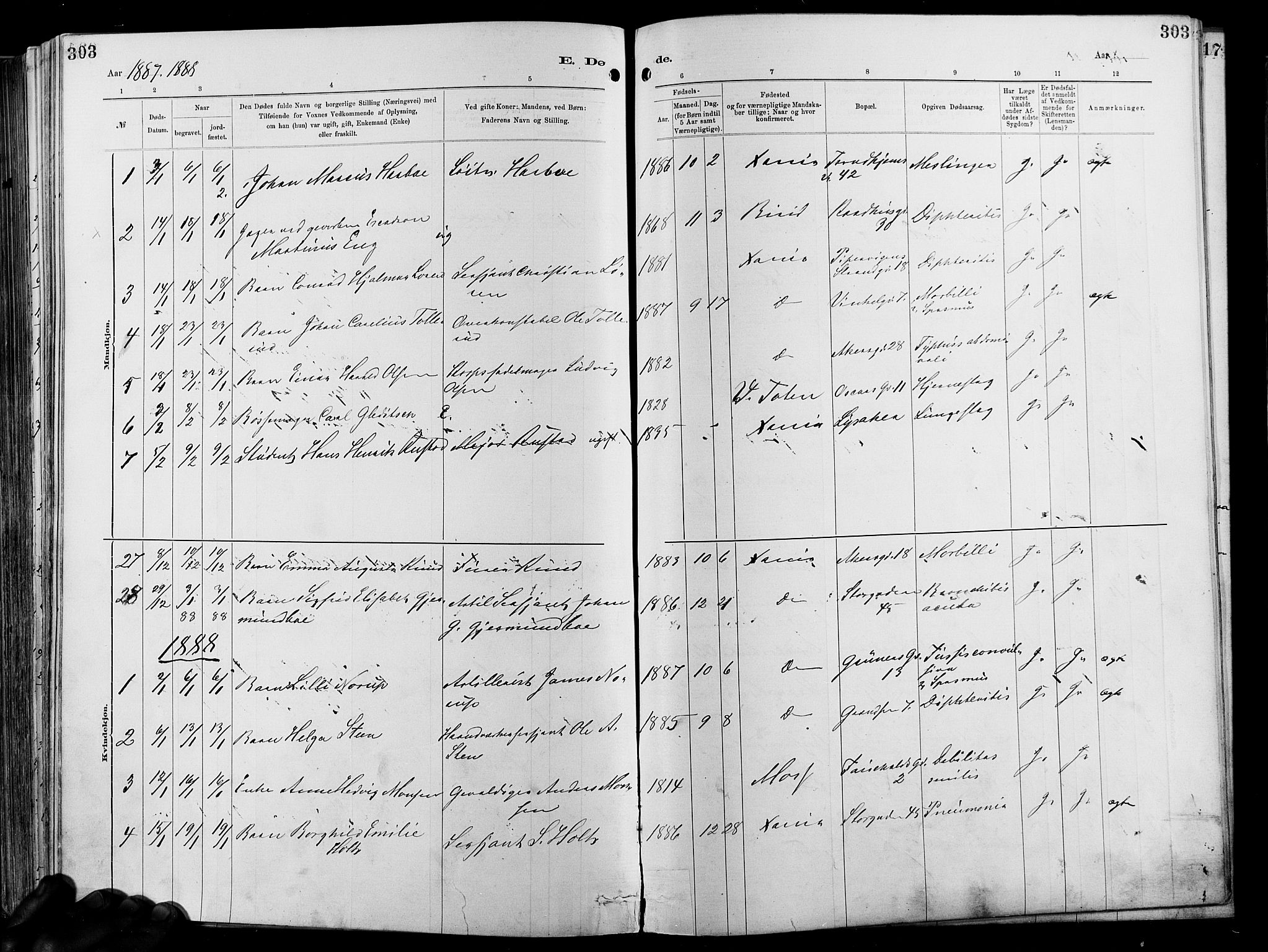Garnisonsmenigheten Kirkebøker, SAO/A-10846/F/Fa/L0012: Parish register (official) no. 12, 1880-1893, p. 303