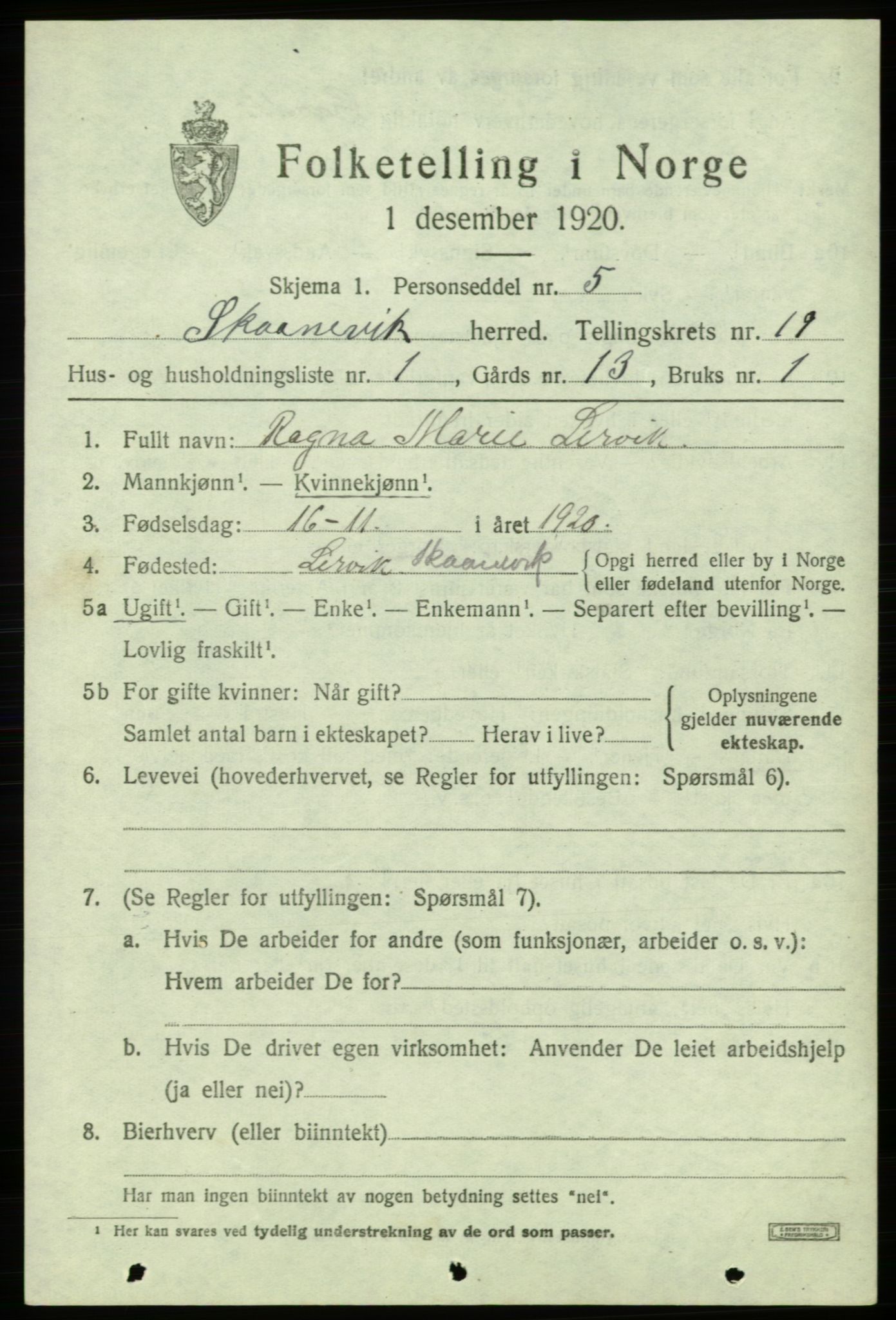 SAB, 1920 census for Skånevik, 1920, p. 6991