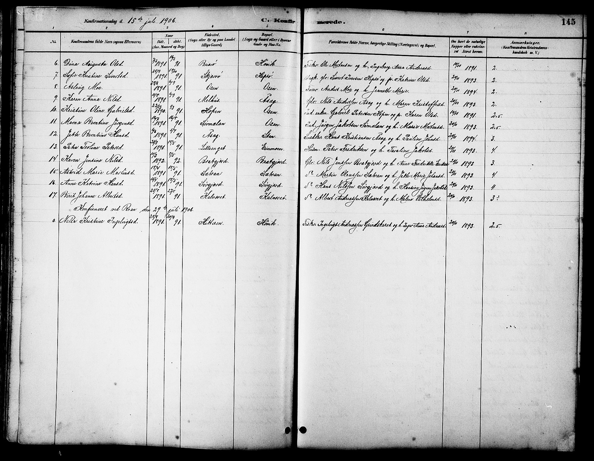 Ministerialprotokoller, klokkerbøker og fødselsregistre - Sør-Trøndelag, SAT/A-1456/658/L0726: Parish register (copy) no. 658C02, 1883-1908, p. 145
