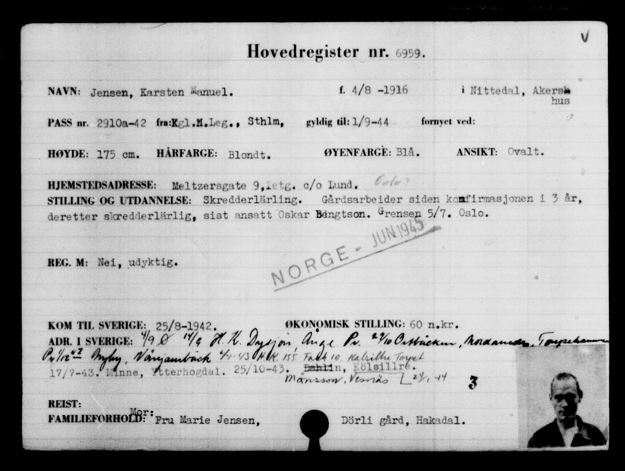 Utenriksstasjonene, Legasjonen i Stockholm, Flyktningkontoret, AV/RA-S-6753/V/Va/L0005: Kjesäterkartoteket, flyktninger med registreringsnr. 6600-9417, 1940-1945, p. 438