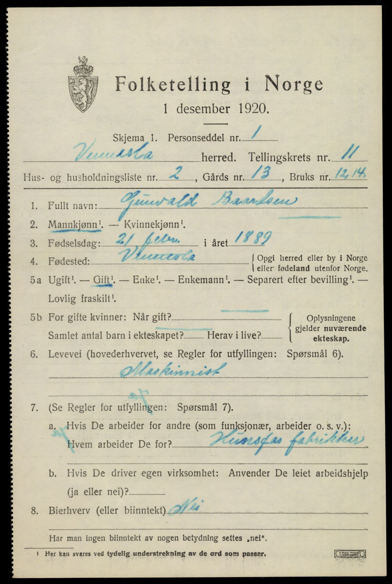 SAK, 1920 census for Vennesla, 1920, p. 7098