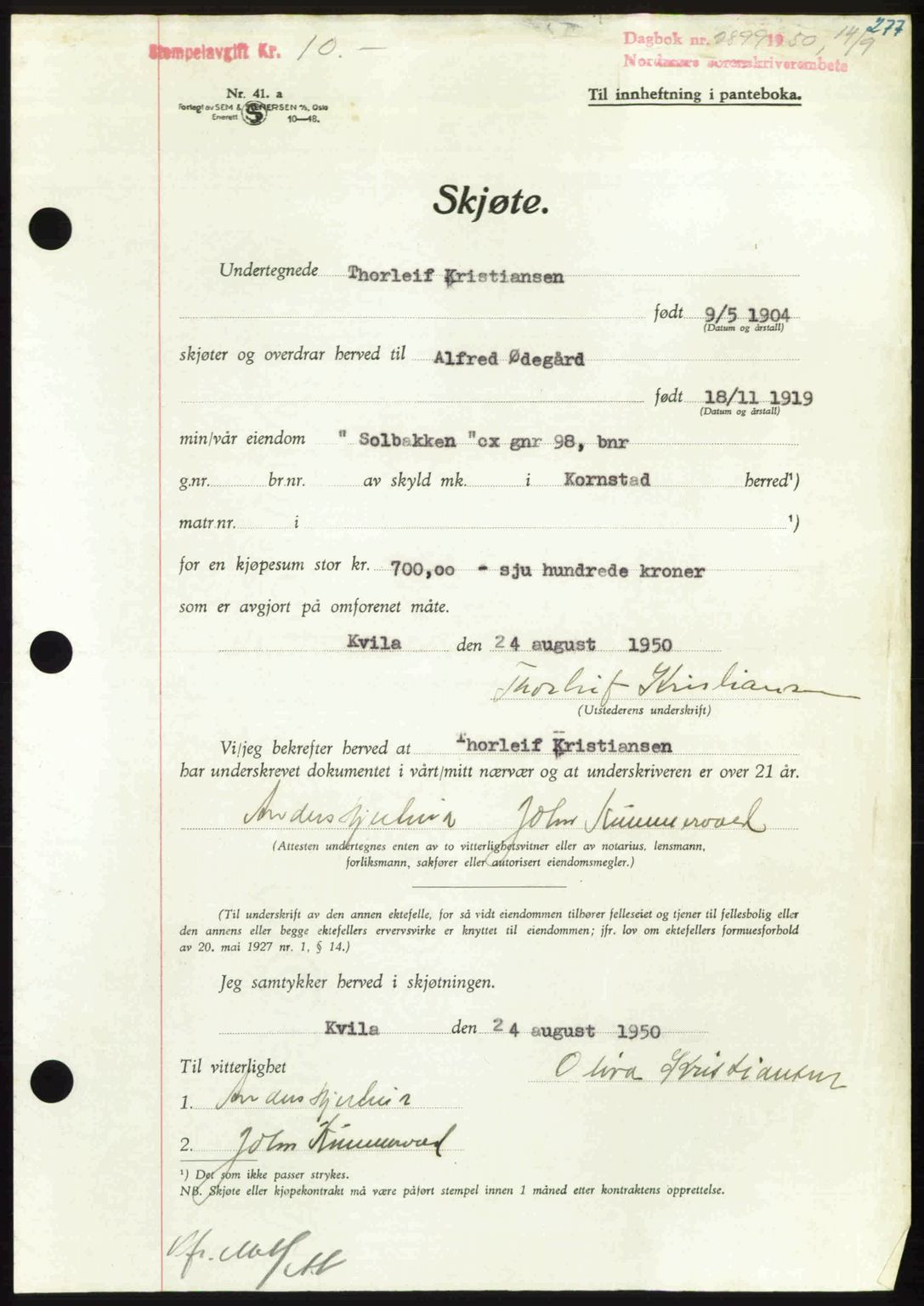 Nordmøre sorenskriveri, AV/SAT-A-4132/1/2/2Ca: Mortgage book no. A116, 1950-1950, Diary no: : 2899/1950