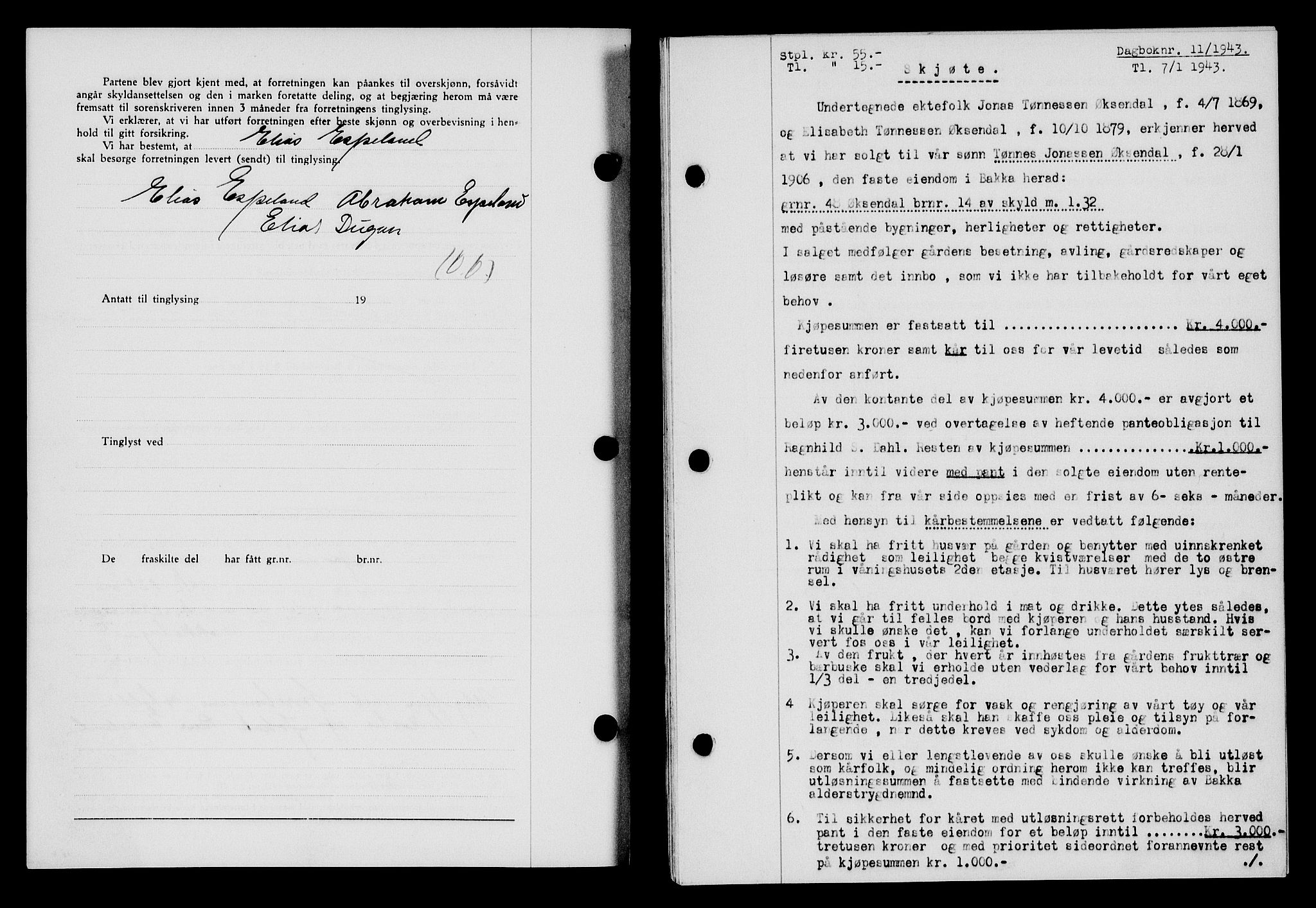 Flekkefjord sorenskriveri, SAK/1221-0001/G/Gb/Gba/L0058: Mortgage book no. A-6, 1942-1944, Diary no: : 11/1943