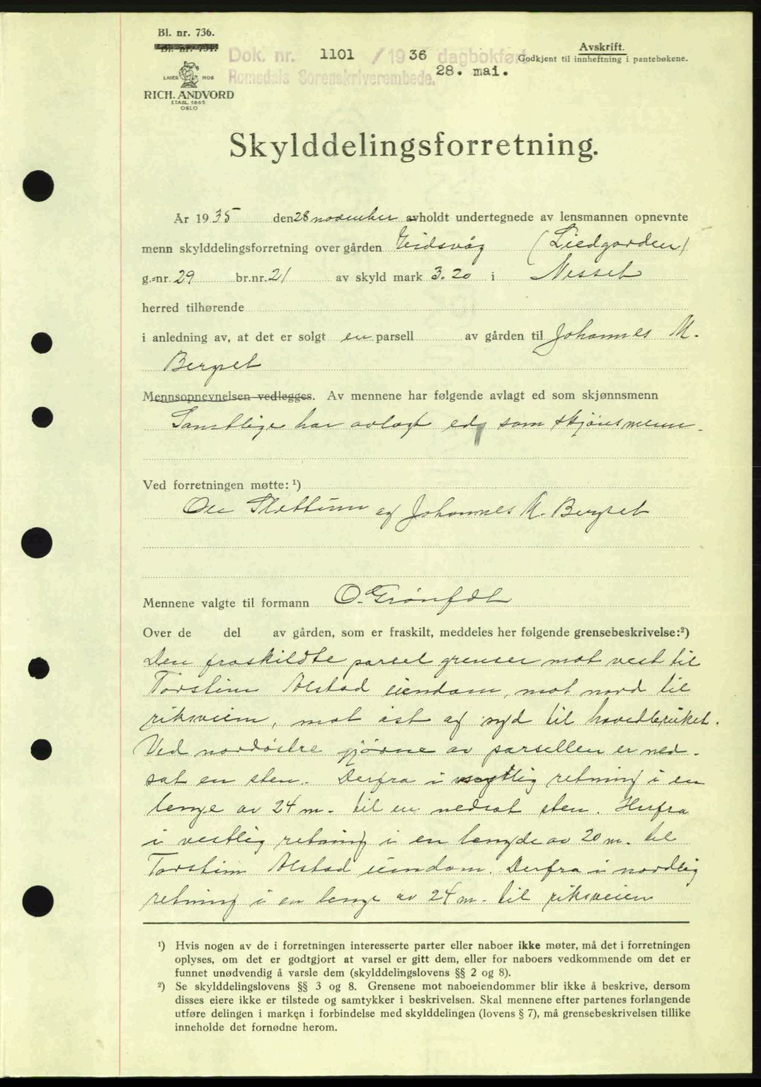 Romsdal sorenskriveri, AV/SAT-A-4149/1/2/2C: Mortgage book no. A1, 1936-1936, Diary no: : 1101/1936