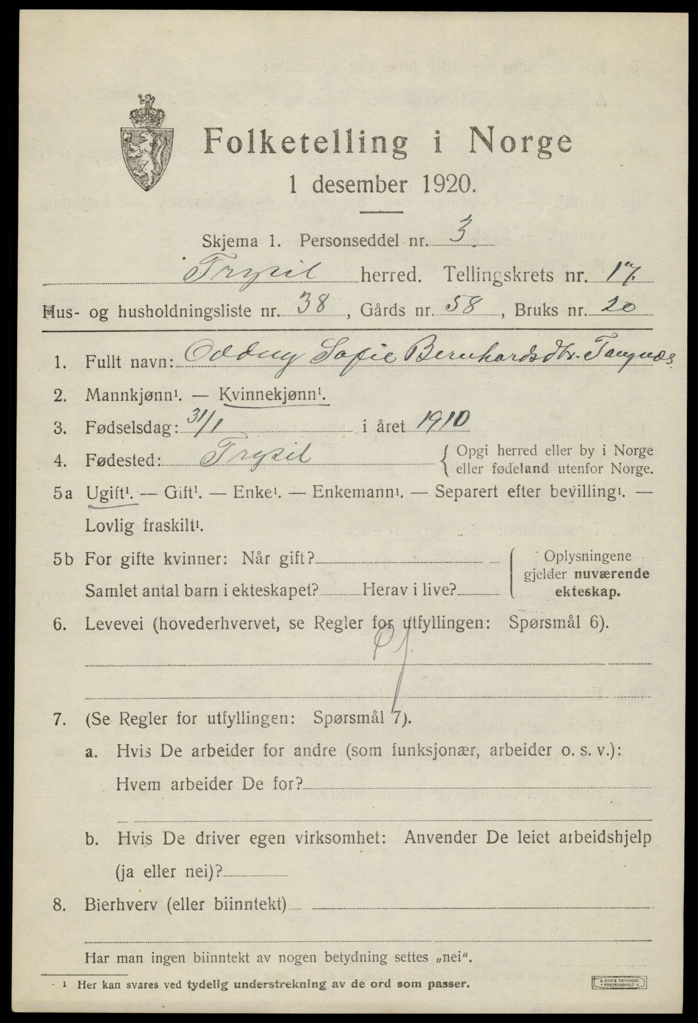 SAH, 1920 census for Trysil, 1920, p. 10639