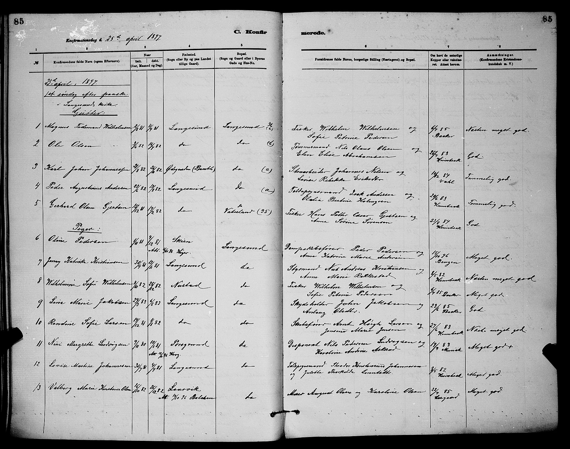 Langesund kirkebøker, SAKO/A-280/G/Ga/L0005: Parish register (copy) no. 5, 1884-1898, p. 85