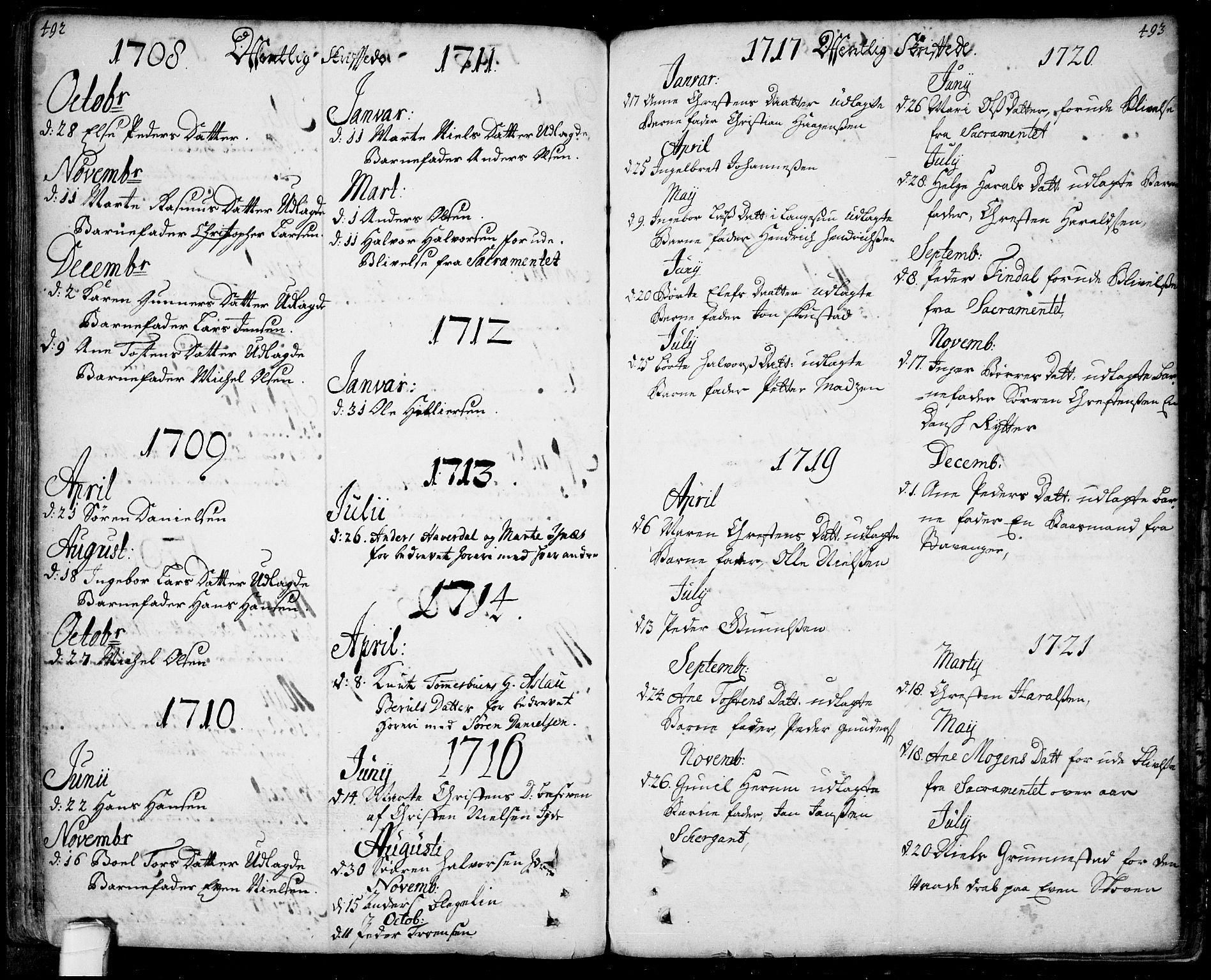 Bamble kirkebøker, SAKO/A-253/F/Fa/L0001: Parish register (official) no. I 1, 1702-1774, p. 492-493