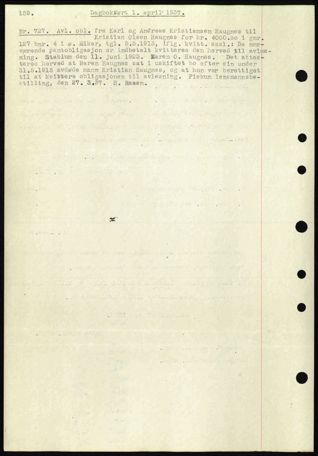 Eiker, Modum og Sigdal sorenskriveri, SAKO/A-123/G/Ga/Gab/L0035: Mortgage book no. A5, 1937-1937, Diary no: : 727/1937