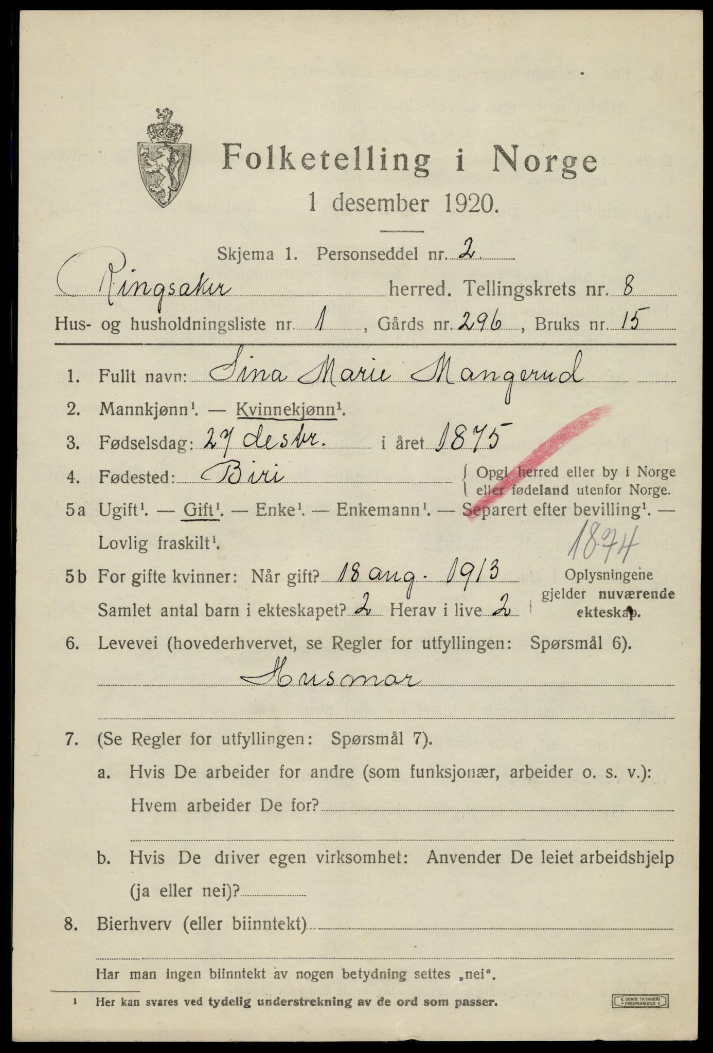 SAH, 1920 census for Ringsaker, 1920, p. 16956