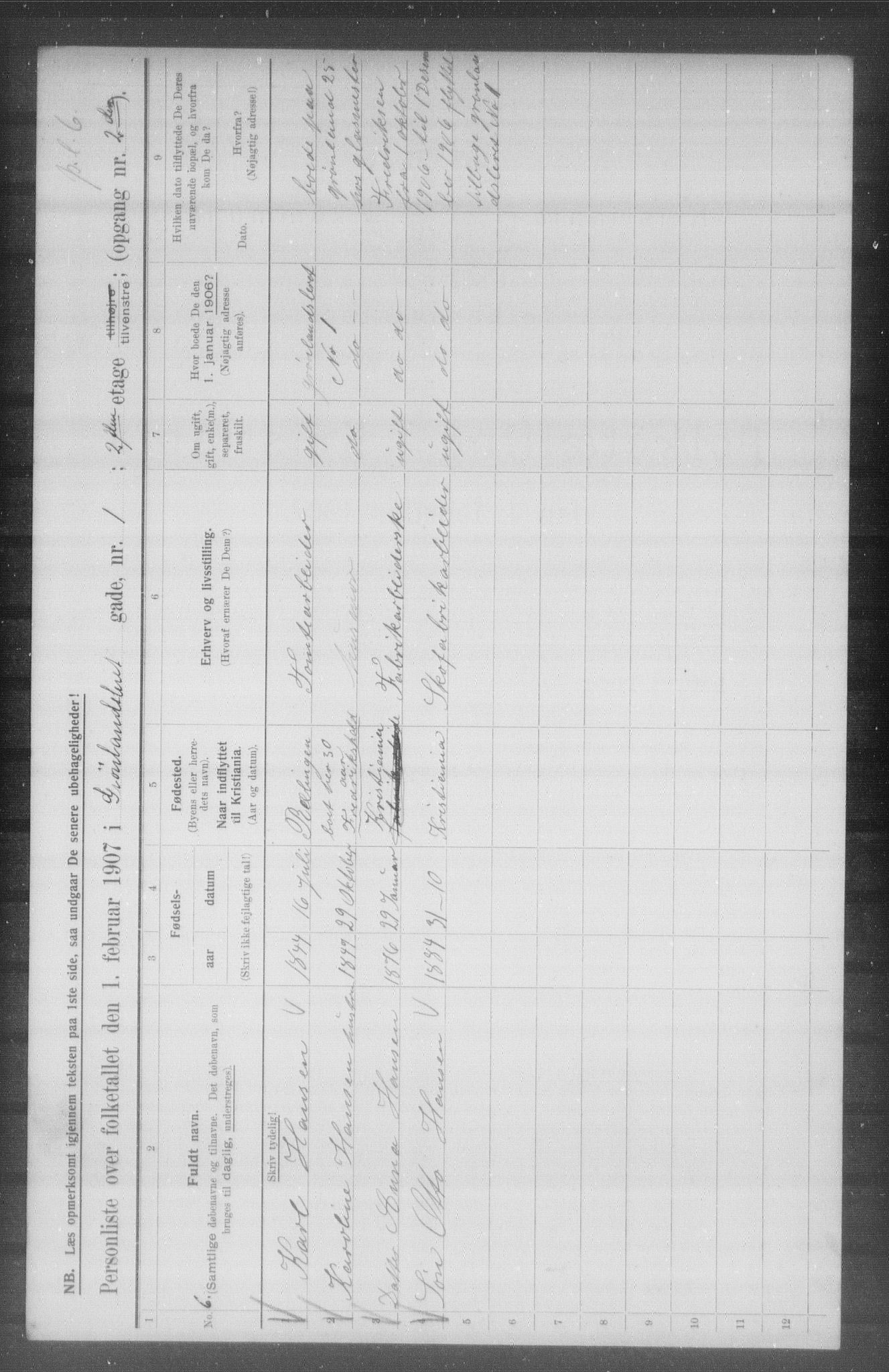 OBA, Municipal Census 1907 for Kristiania, 1907, p. 16054