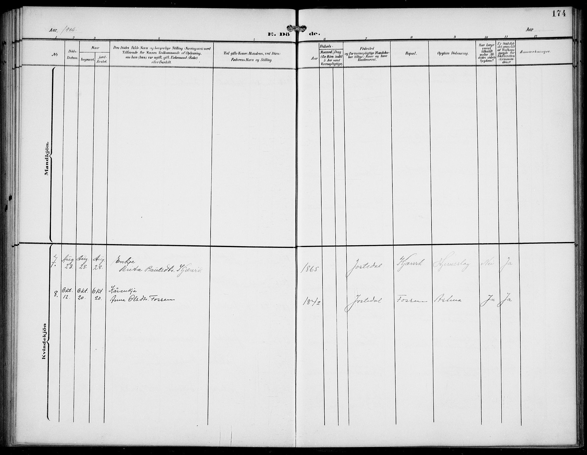 Jostedal sokneprestembete, AV/SAB-A-80601/H/Hab/Haba/L0002: Parish register (copy) no. A 2, 1907-1931, p. 174