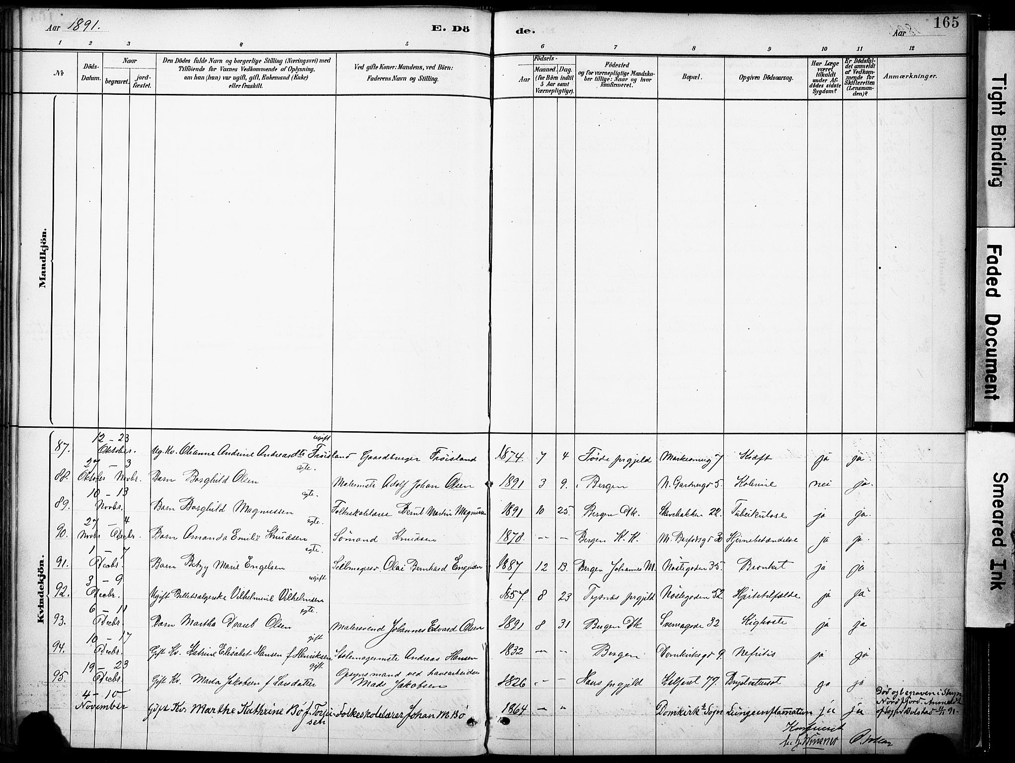 Domkirken sokneprestembete, AV/SAB-A-74801/H/Haa/L0043: Parish register (official) no. E 5, 1882-1904, p. 165