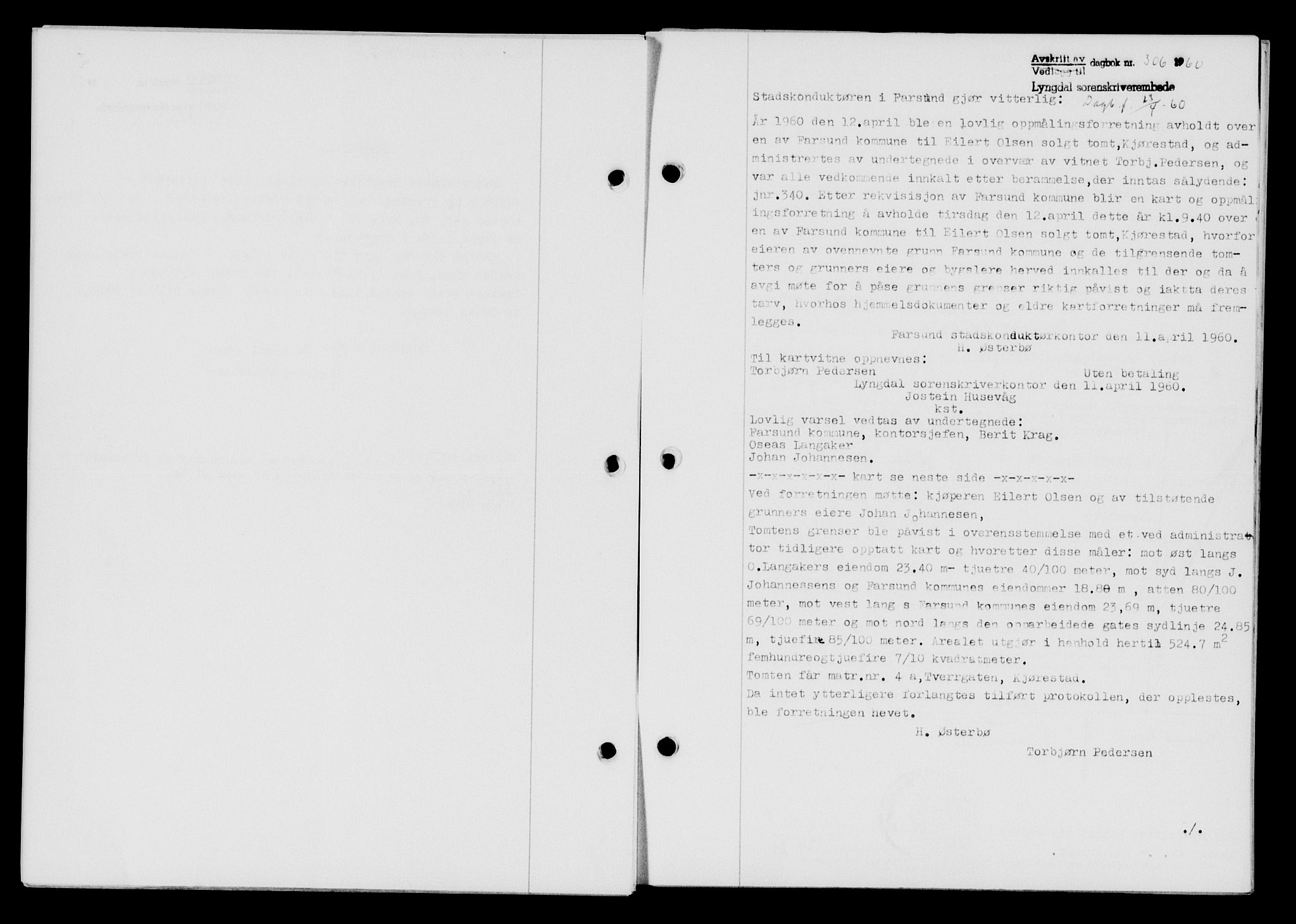 Lyngdal sorenskriveri, AV/SAK-1221-0004/G/Gb/L0679: Mortgage book no. A XXV, 1959-1960, Diary no: : 306/1960