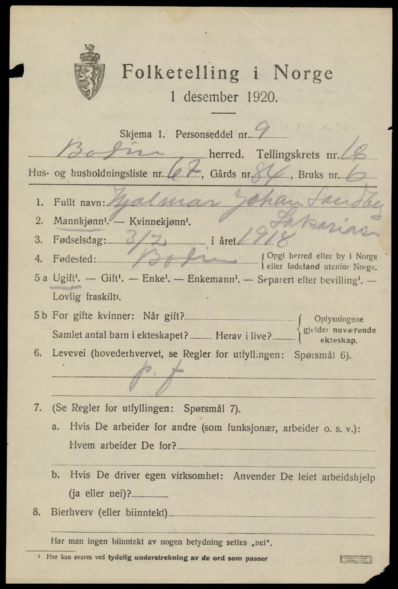 SAT, 1920 census for Bodin, 1920, p. 12284