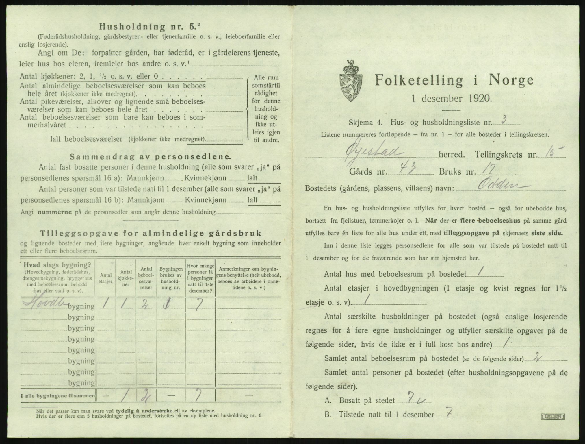 SAK, 1920 census for Øyestad, 1920, p. 1720