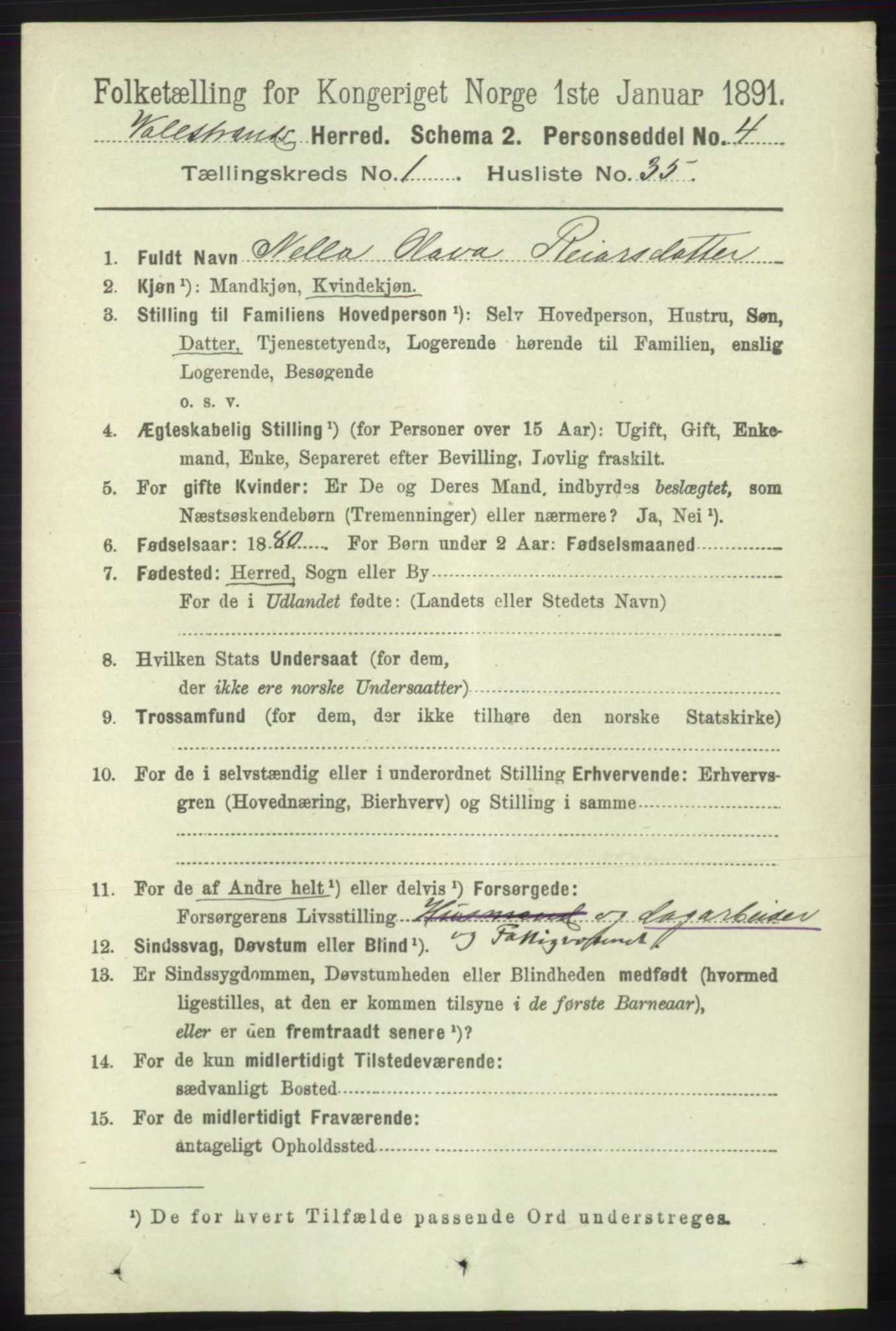 RA, 1891 census for 1217 Valestrand, 1891, p. 249