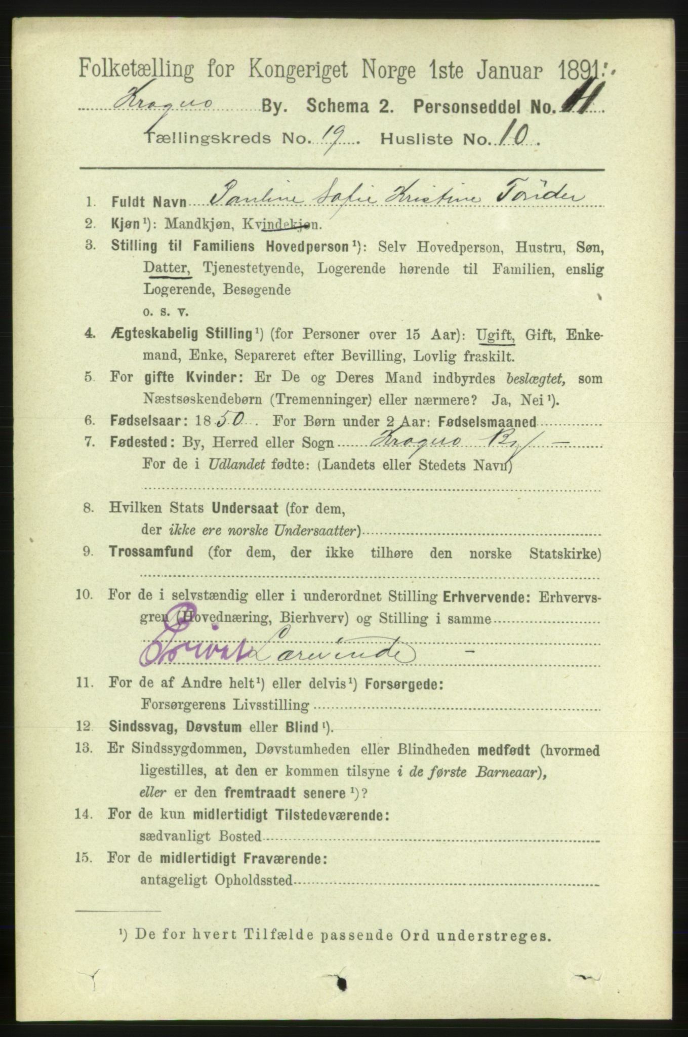 RA, 1891 census for 0801 Kragerø, 1891, p. 4603