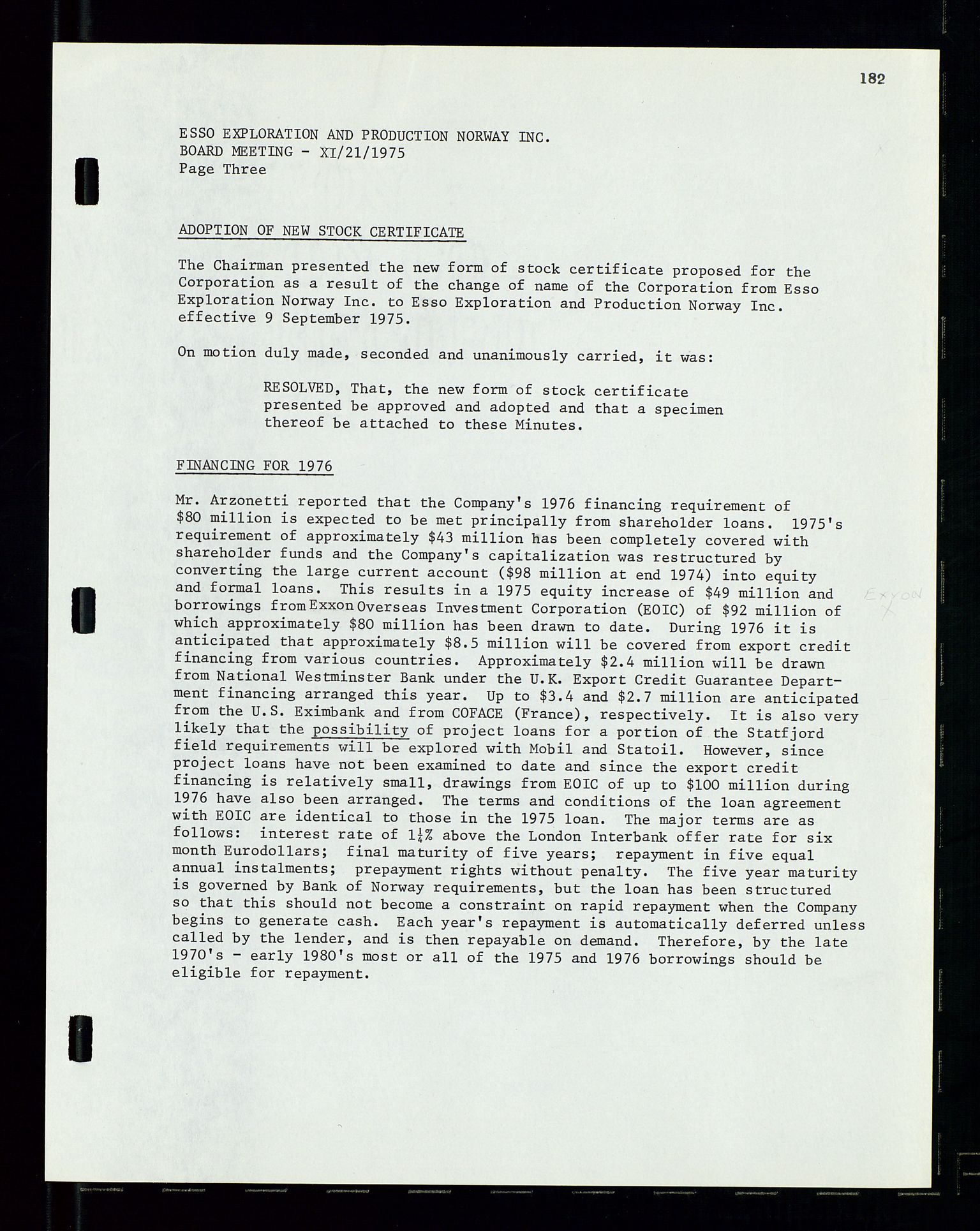 Pa 1512 - Esso Exploration and Production Norway Inc., SAST/A-101917/A/Aa/L0001/0002: Styredokumenter / Corporate records, Board meeting minutes, Agreements, Stocholder meetings, 1975-1979, p. 20