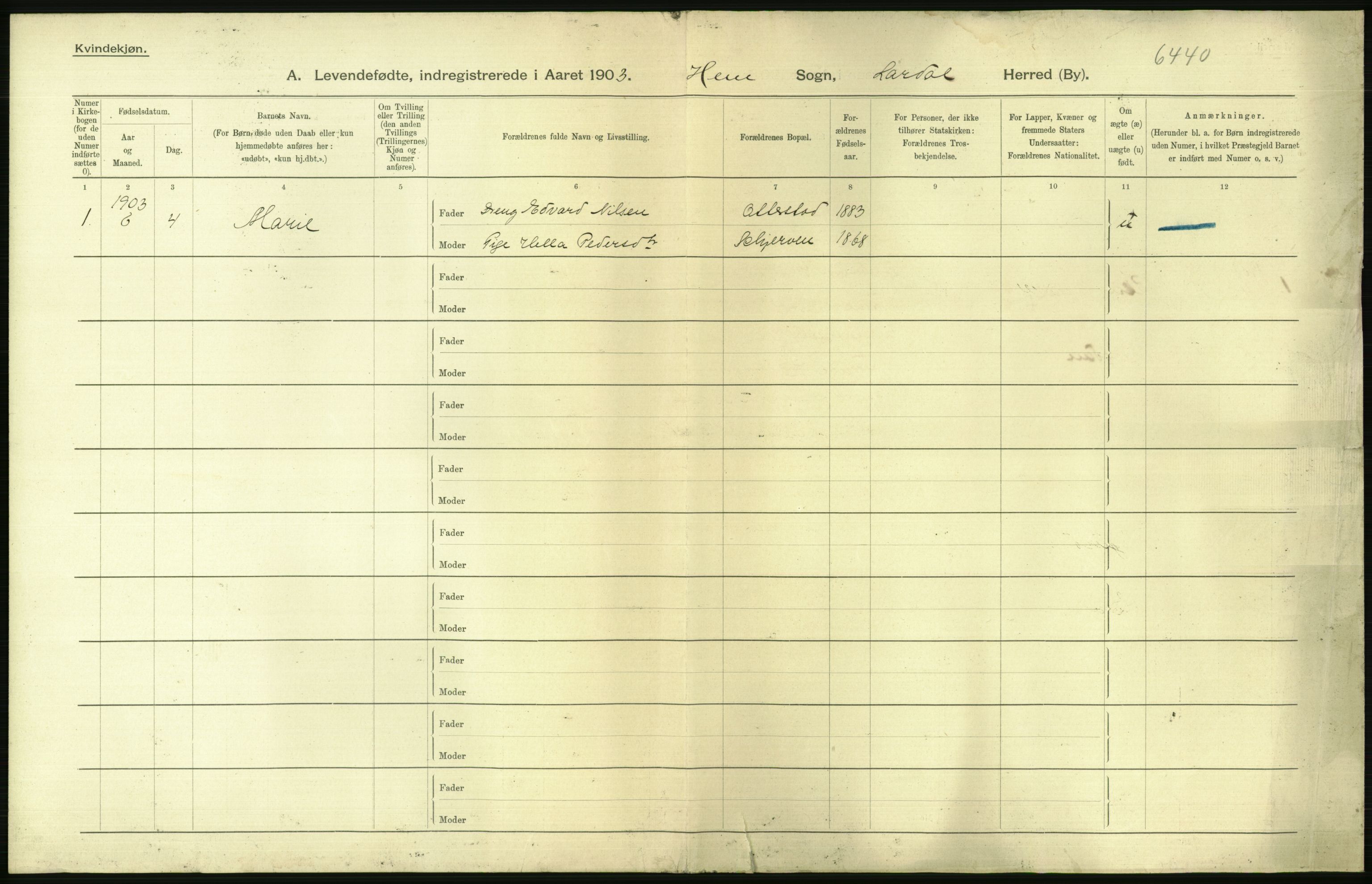 Statistisk sentralbyrå, Sosiodemografiske emner, Befolkning, RA/S-2228/D/Df/Dfa/Dfaa/L0008: Jarlsberg og Larvik amt: Fødte, gifte, døde, 1903, p. 4