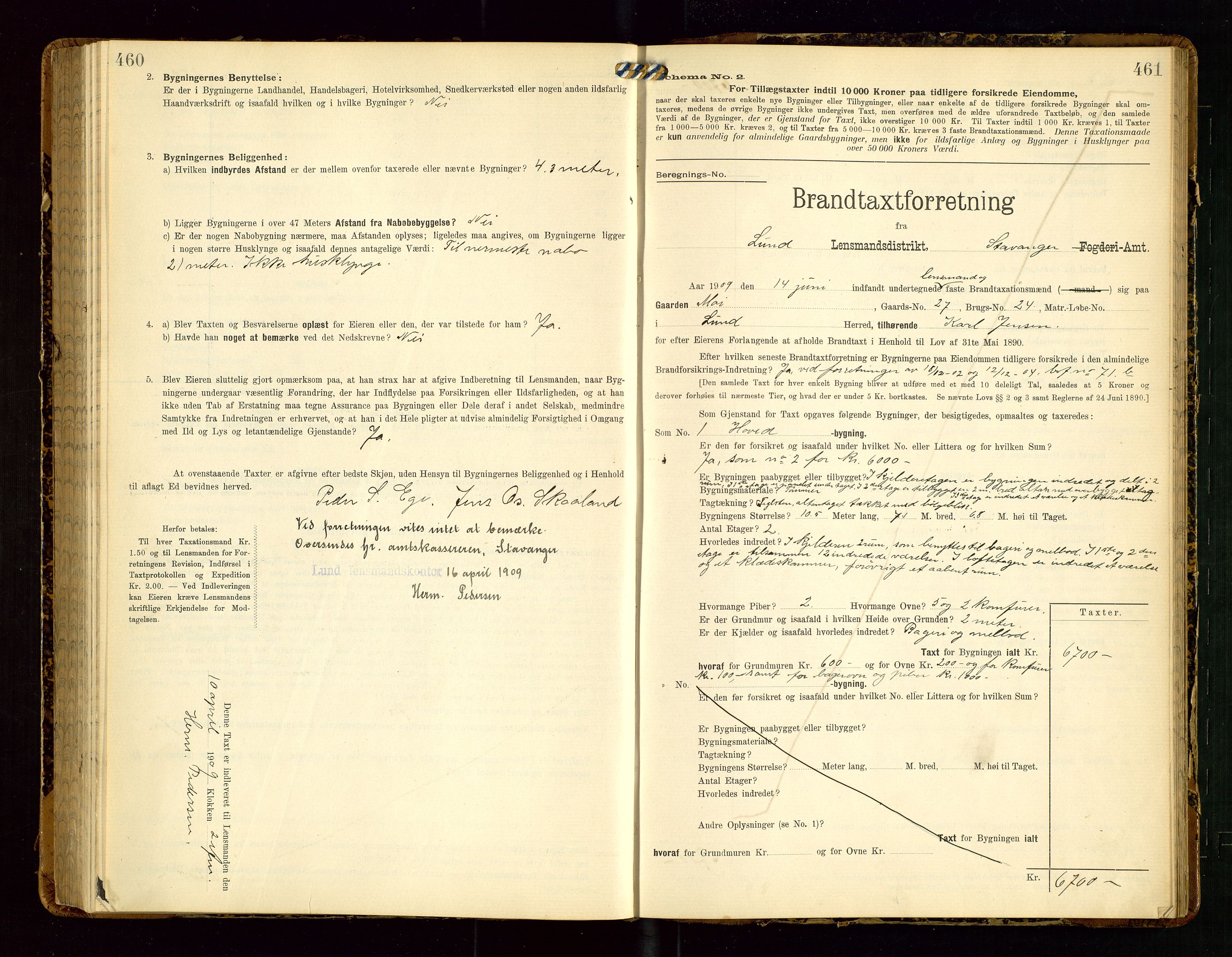 Lund lensmannskontor, SAST/A-100303/Gob/L0002: "Brandtakstprotokol", 1908-1918, p. 460-461