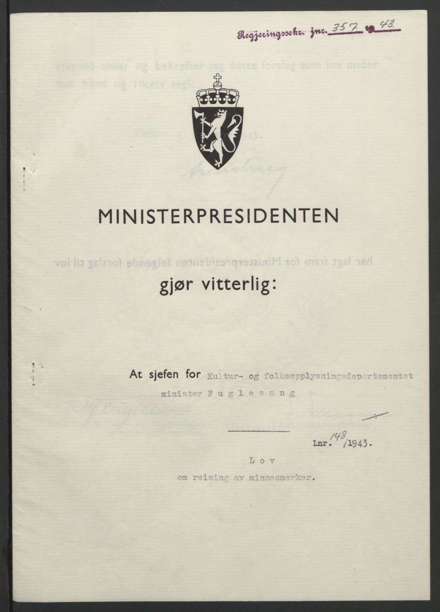 NS-administrasjonen 1940-1945 (Statsrådsekretariatet, de kommisariske statsråder mm), RA/S-4279/D/Db/L0099: Lover, 1943, p. 692
